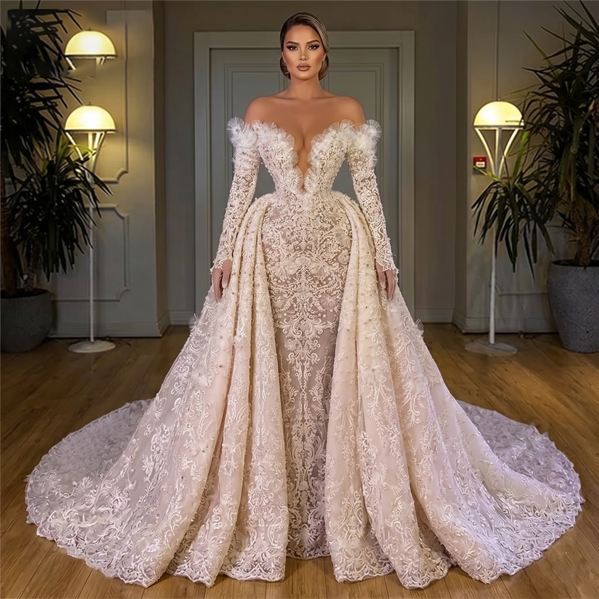 Real bride modeling a Dubai-style Muslim mermaid wedding gown with a deep-set off-shoulder sweetheart bodice, detailed floral lace embroidery, and an attached royal overskirt.