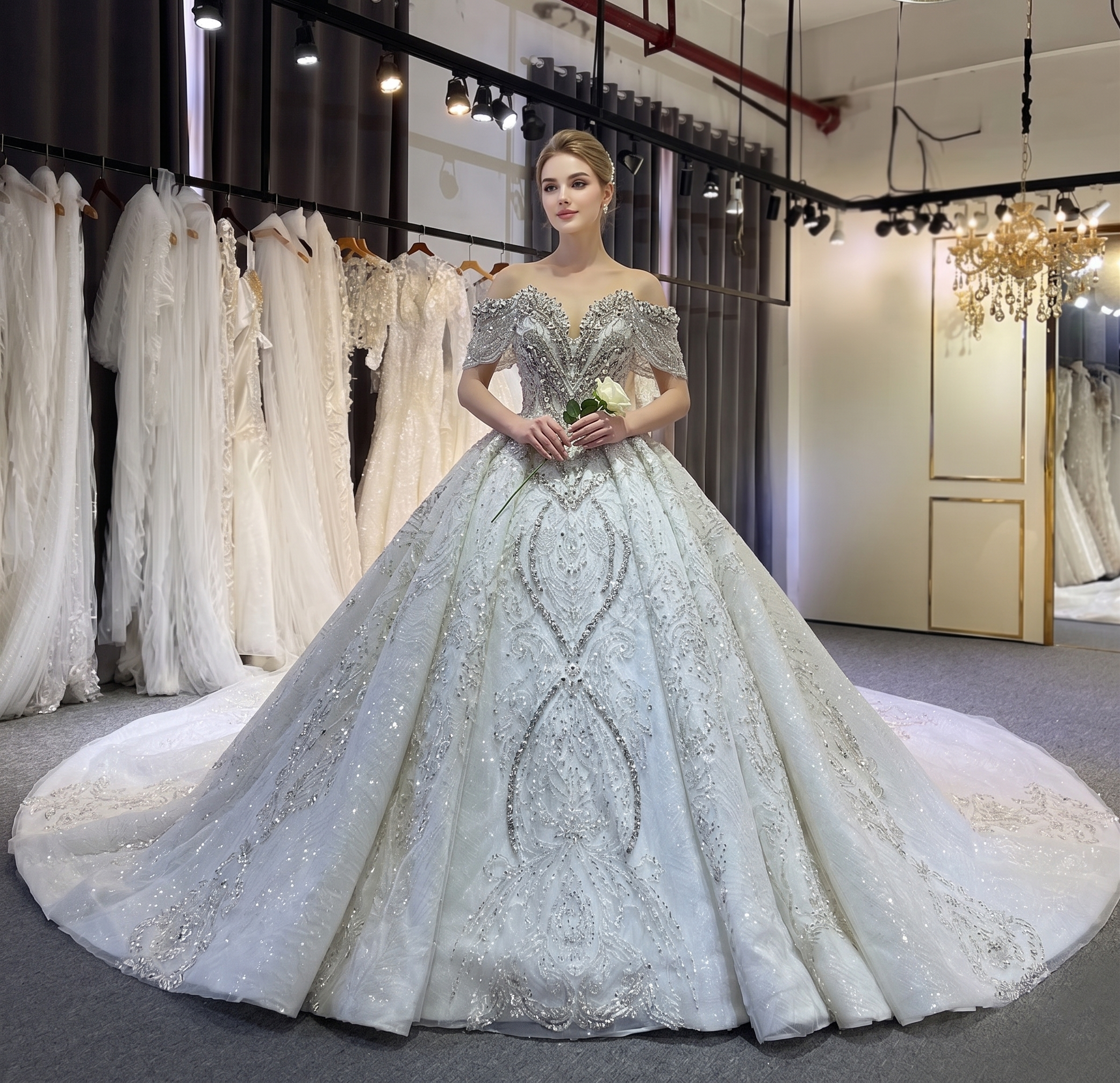 Beautiful bride holding a white rose, wearing a luxury off-the-shoulder beaded wedding gown with an elegant ball gown silhouette and dramatic long train.