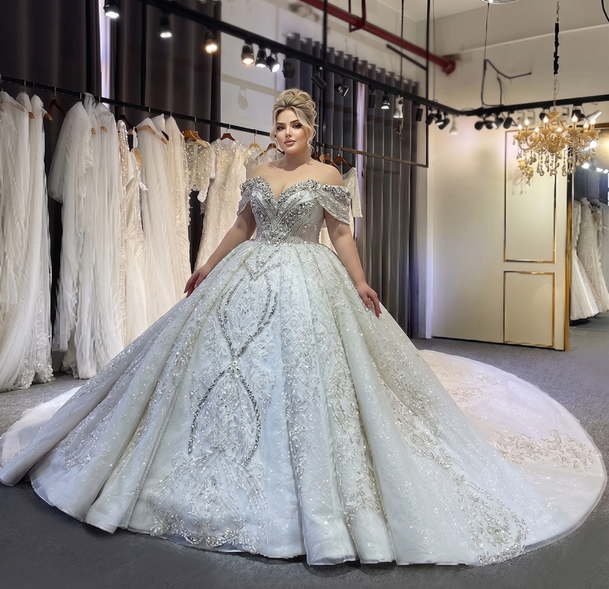 Curvy bride modeling a stunning luxury off-the-shoulder wedding dress with heavy crystal beading, deep V-neckline, and an expansive sparkling train.