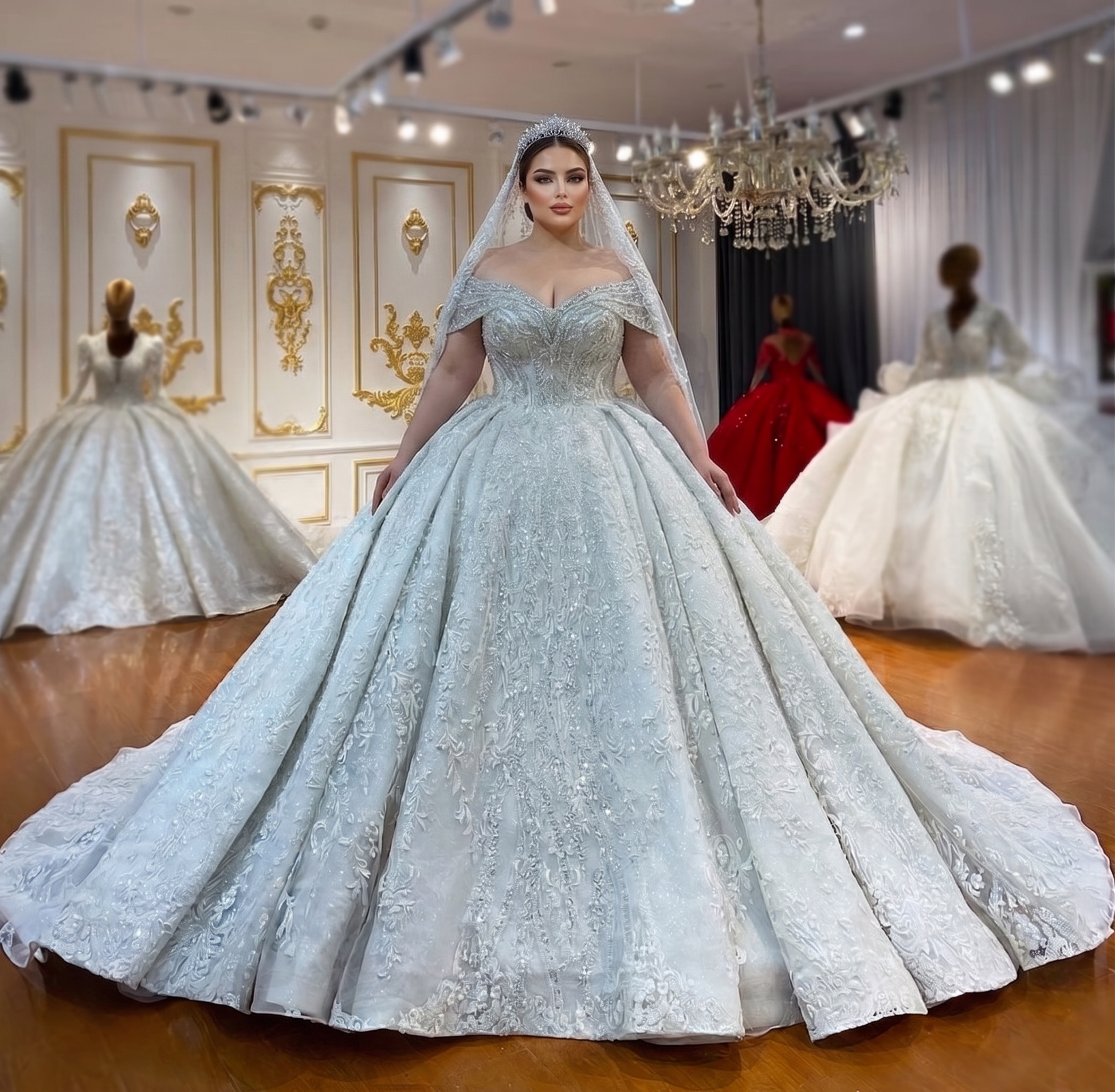 Plus-size bride in an elegant off-the-shoulder bridal gown featuring intricate pearl beading and a flowing, full-length skirt.