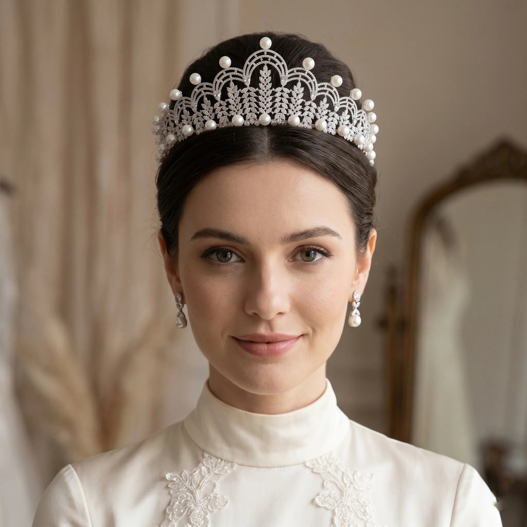 Portrait of a bride wearing a luxury pearl tiara bridal crown with intricate pave CZ leaf branches and matching pearl dropdown earrings