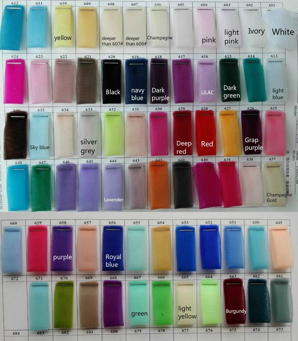 Numbered textile grid chart showing custom color options including White, Ivory, Champagne, and Pastel tones for bridal mesh overskirt fabric layers.
