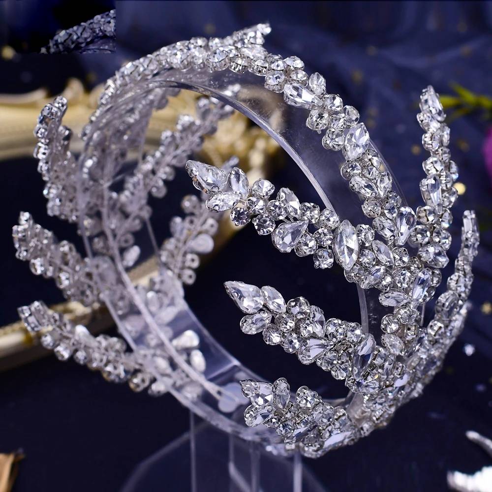 Macro view of sparkling crystal leaf bridal tiara for wedding hair accessories