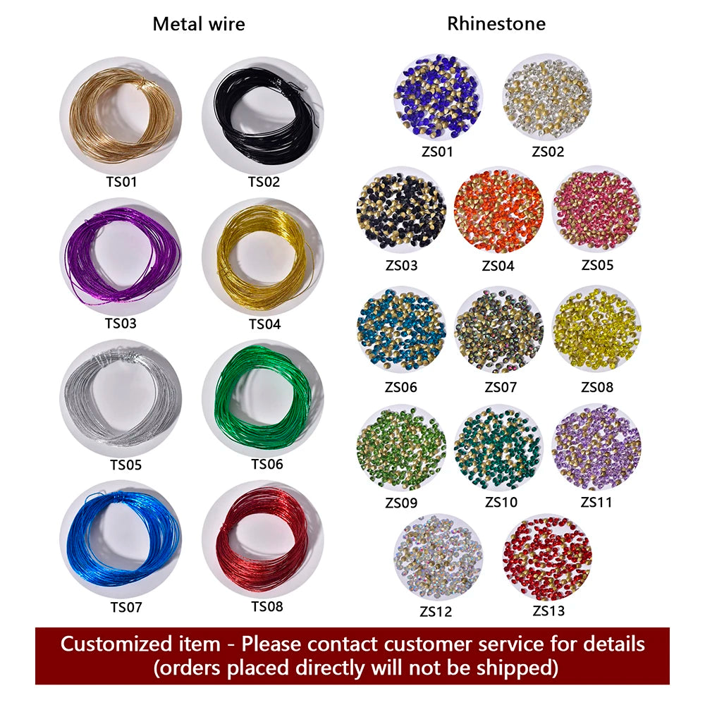 Color chart showing various metal wire options and rhinestone bead choices for custom bridal tiaras