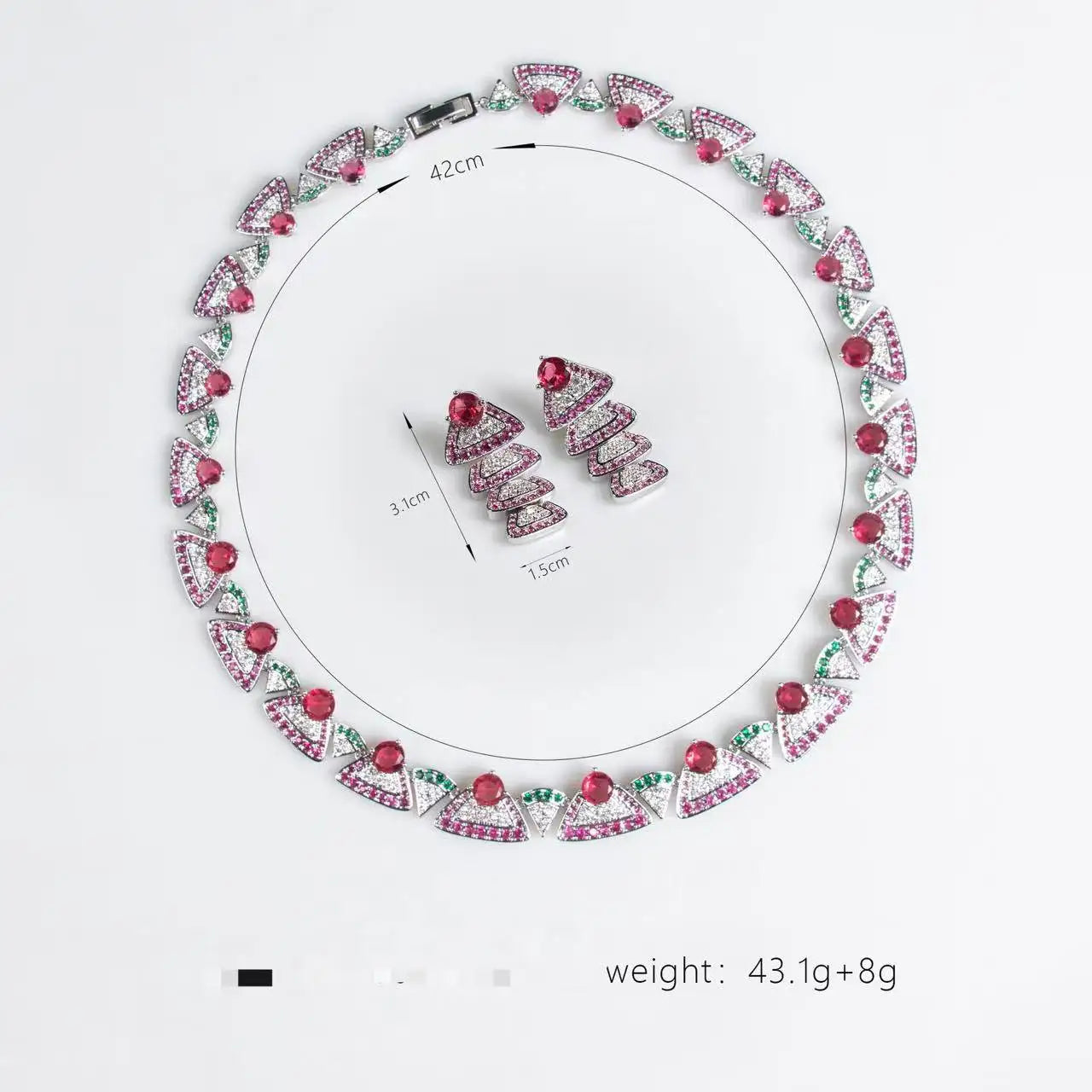 Product sizing diagram for a luxury choker necklace set, showcasing a 42cm necklace diameter and 3.1cm by 1.5cm ruby red stone earrings.