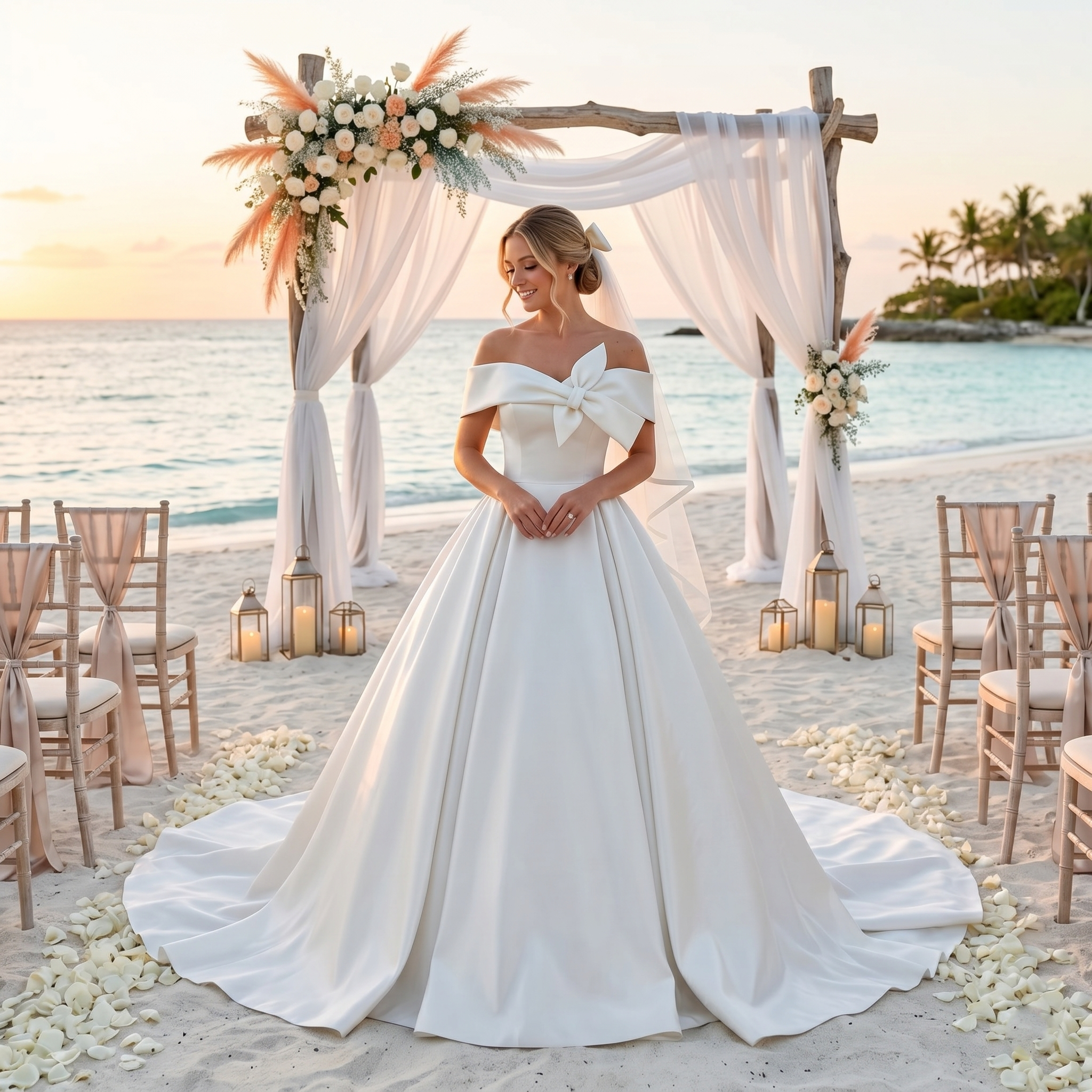Elegant bride wearing a luxury satin ball gown wedding dress with an off-the-shoulder bow neckline, standing under a floral arch during a scenic beach wedding ceremony.