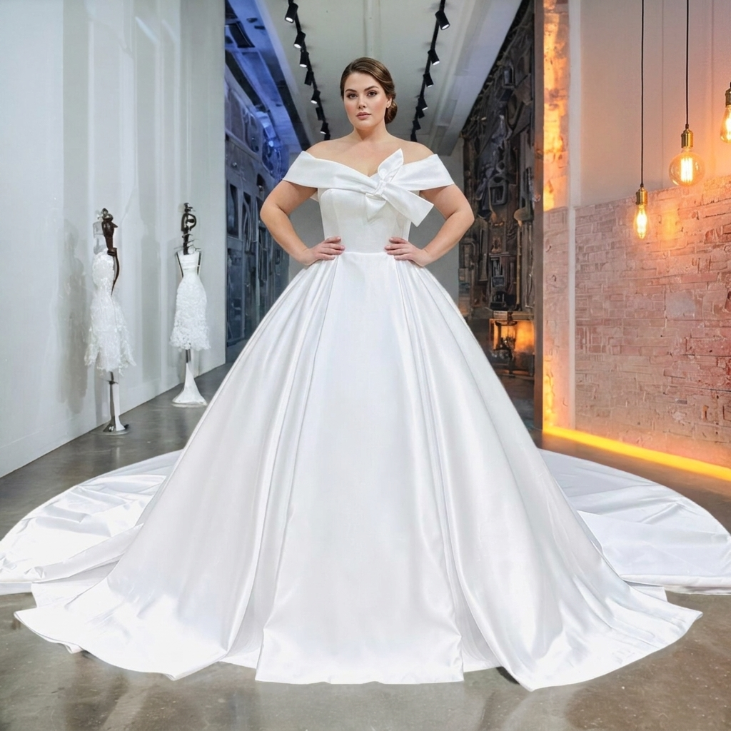 Plus-size bride modeling a white satin bridal ball gown featuring an asymmetrical sweetheart wrap bodice and a dramatic cathedral train in a luxury boutique showroom.