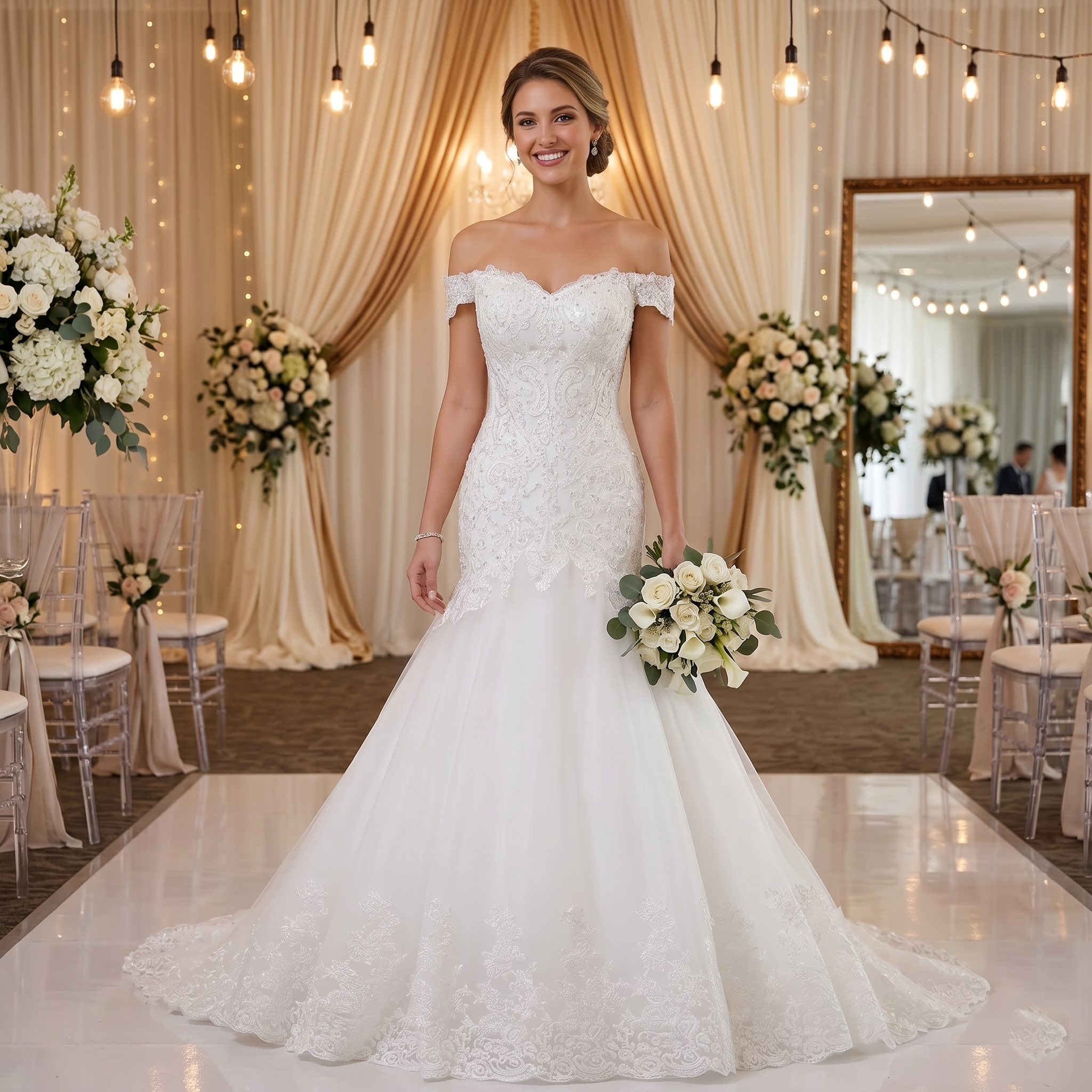 A bride smiling in a luxury, off-the-shoulder mermaid wedding dress with intricate beaded lace detailing in a beautifully decorated venue.
