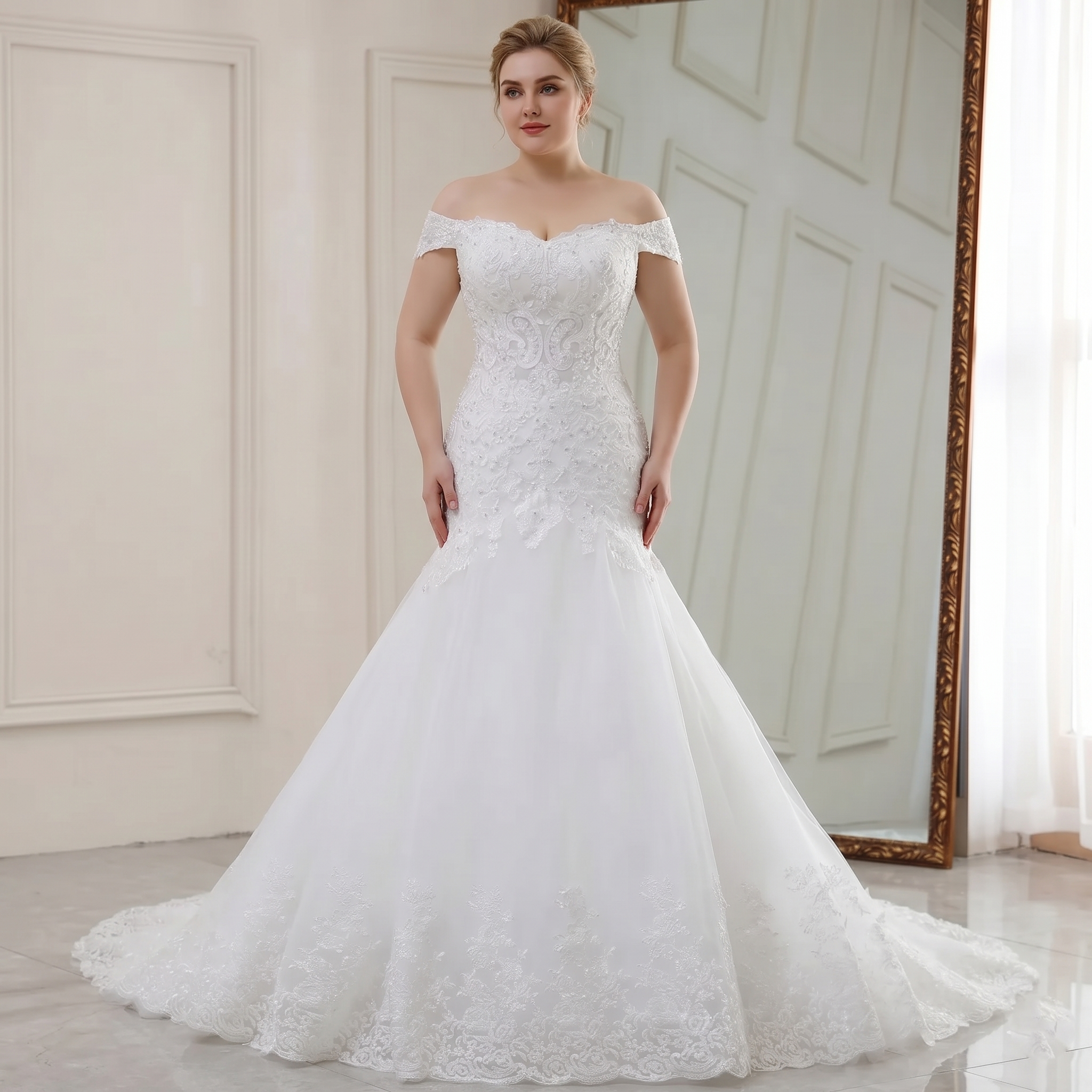 Full-length front view of an elegant off-the-shoulder mermaid bridal gown featuring a heavily embellished lace bodice and tulle skirt.