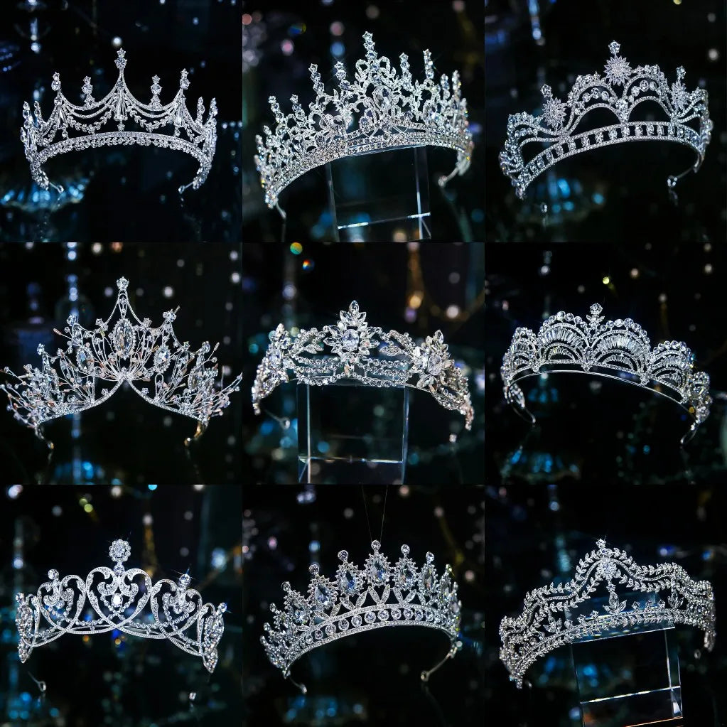 A 3x3 grid display showcasing nine different styles of sparkling silver crystal bridal tiaras and pageant wedding crowns on a dark background.