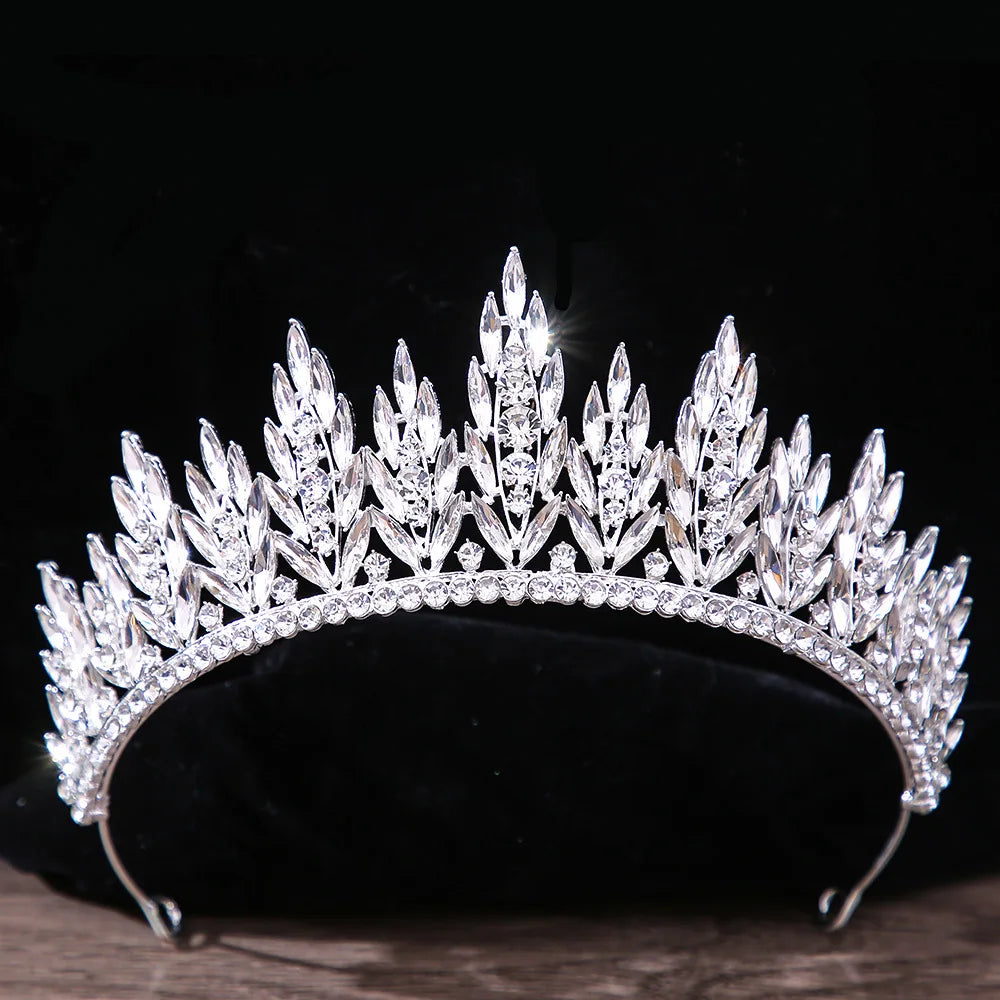 A high-set luxury silver crystal bridal tiara crown.