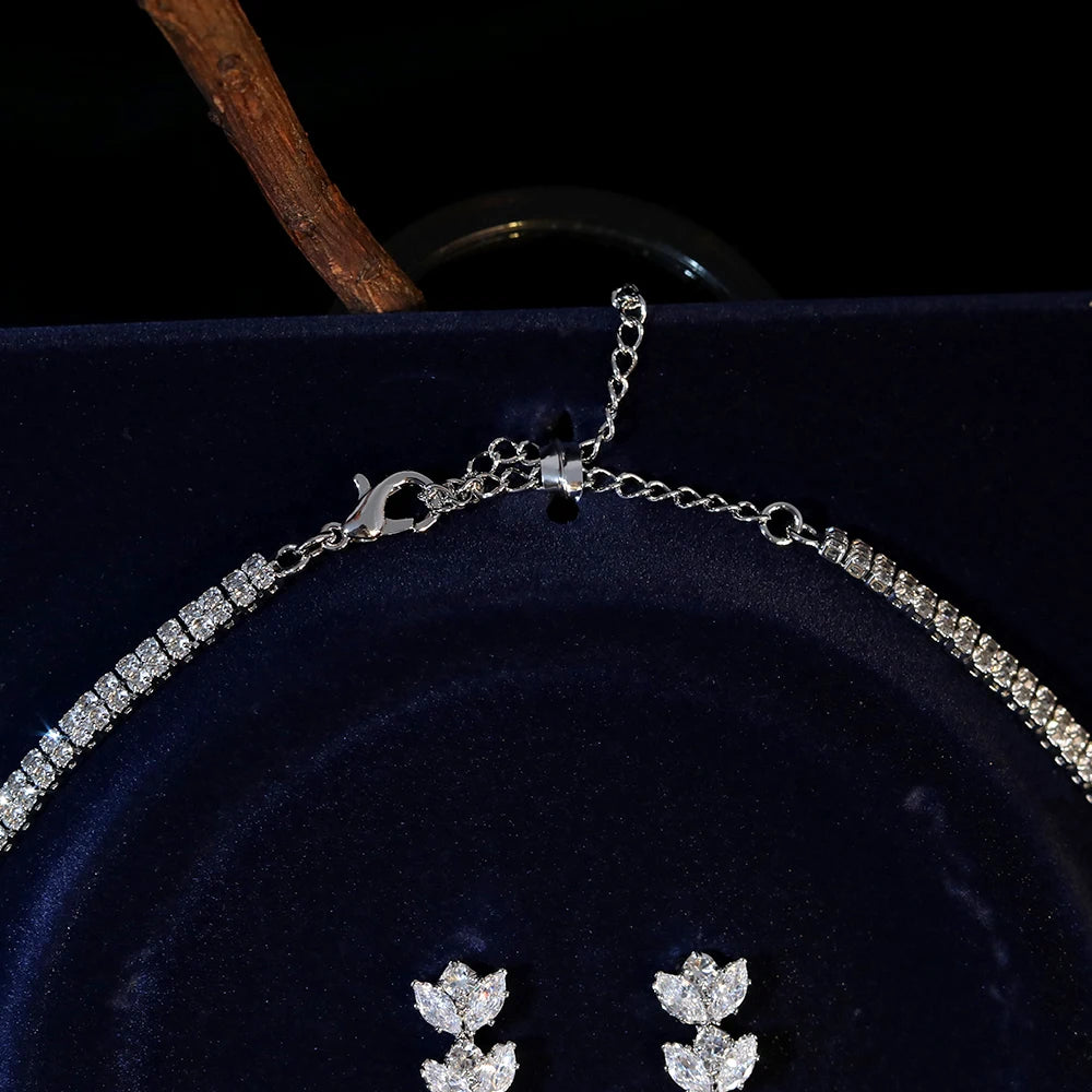 Rear view showcasing the adjustable extender chain and secure lobster claw clasp on a premium silver cubic zirconia wedding necklace.
