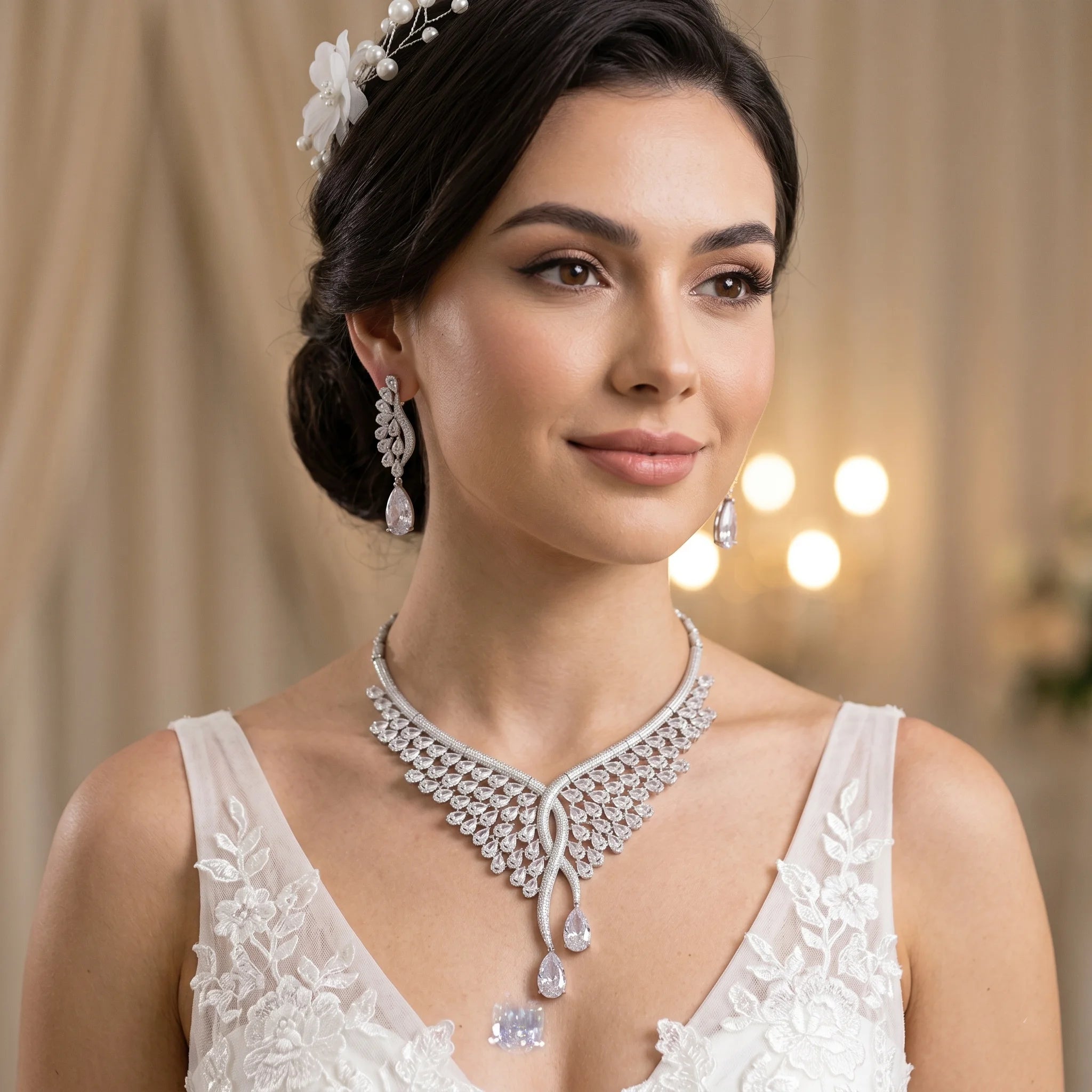 Model wearing a luxury white feather design cubic zirconia wedding necklace and dropdown teardrop earrings.