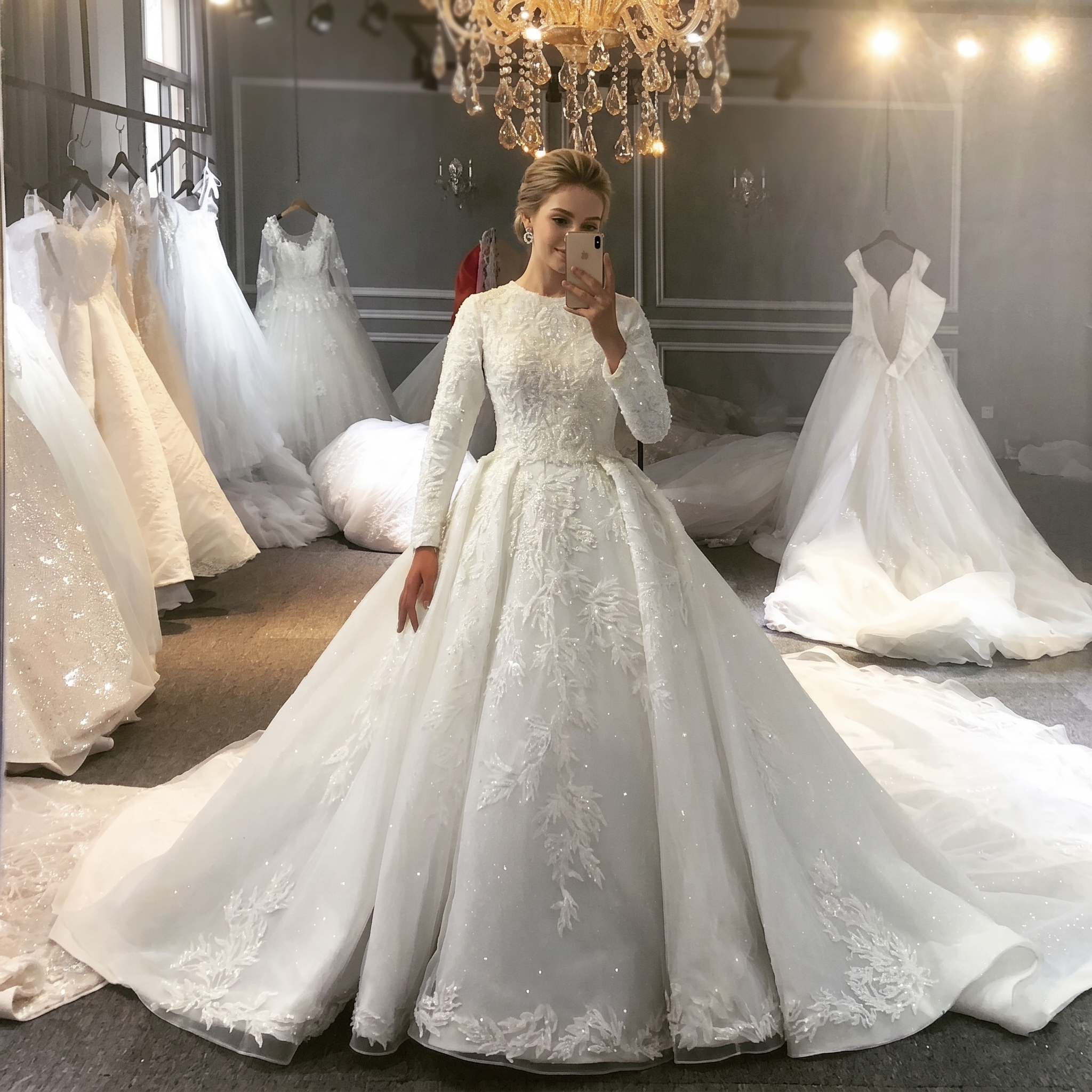 Luxury white Muslim bridal wedding dress with an elegant modest design, featuring a high neck, long sleeves, and intricate floral lace embroidery on a voluminous ball gown.