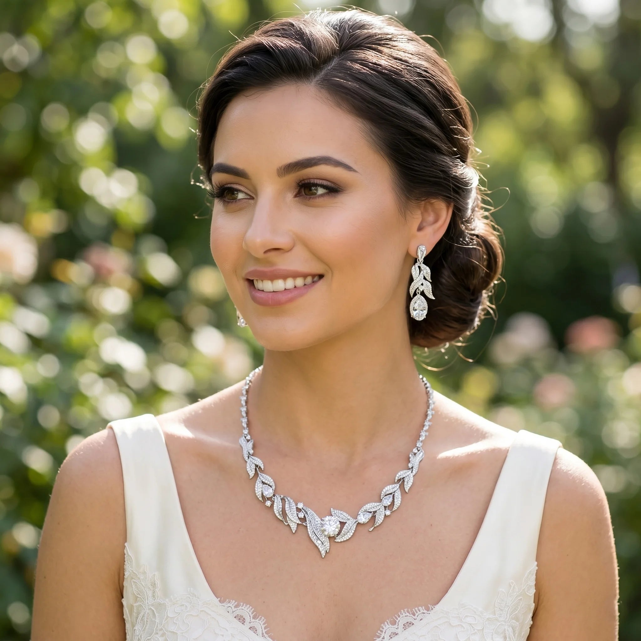 Elegant bride wearing a luxury zircon bridal necklace and matching drop earrings for a wedding