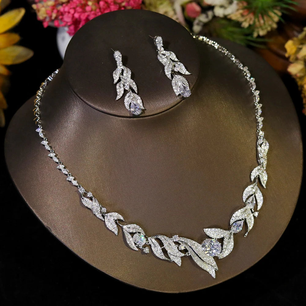Close-up view of a sparkling zircon bridal necklace with intricate leaf-shaped crystal detailing