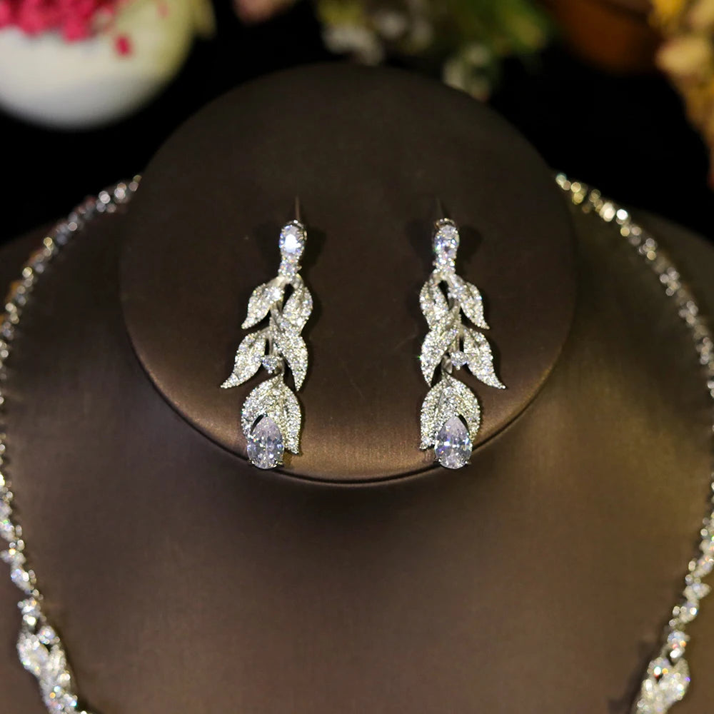 Close-up of intricate zircon drop earrings, part of a luxury Dubai-style bridal jewelry set