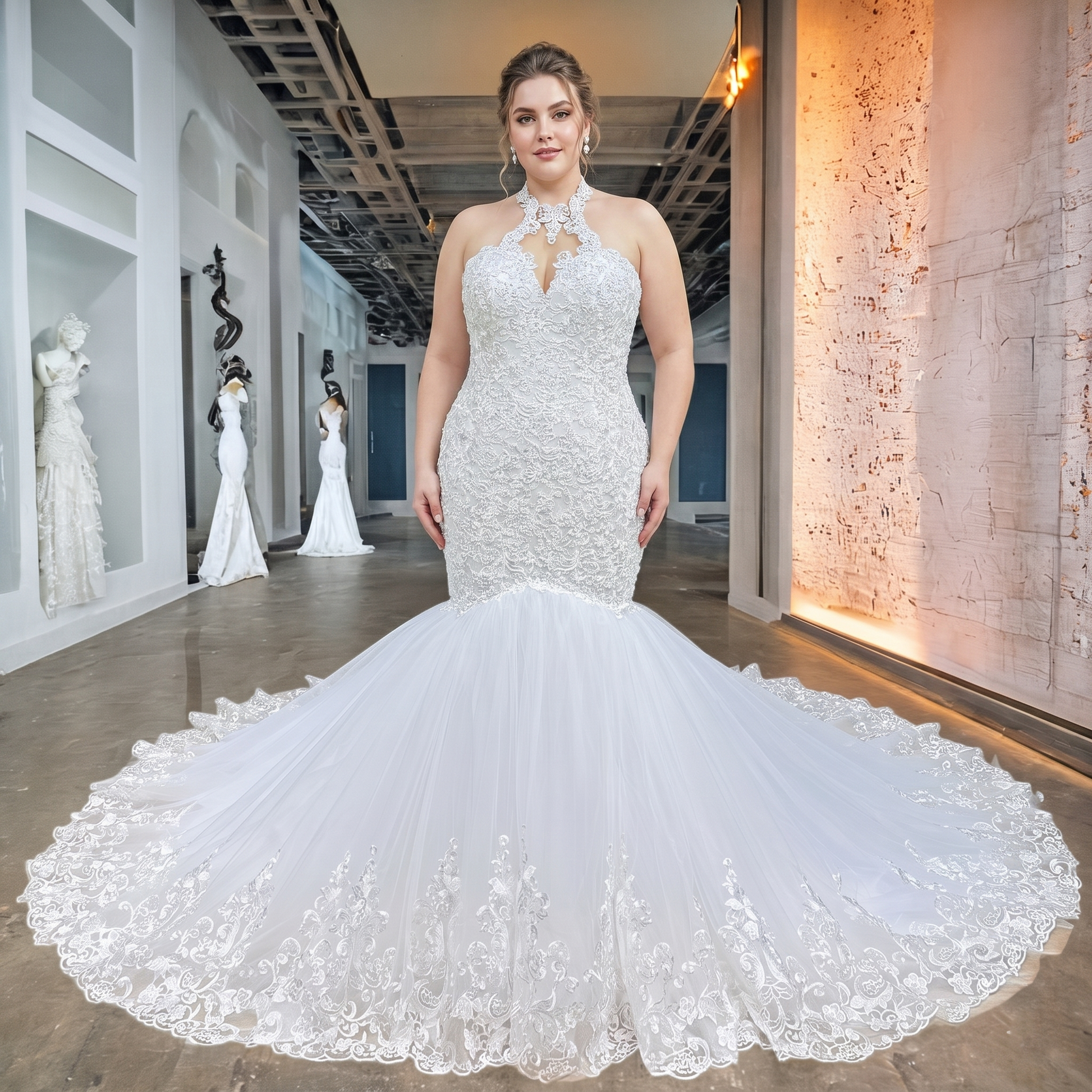Plus-size model showcasing a form-fitting halter keyhole mermaid bridal gown heavily detailed with textured lace embroidery and a sweeping circular train.