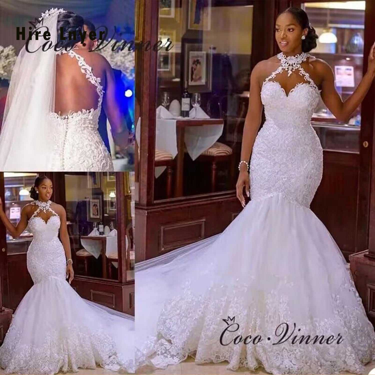 Real bride photos showcasing the front, back, and full profile of a luxury beaded halter lace mermaid wedding dress with an open back and a long train.
