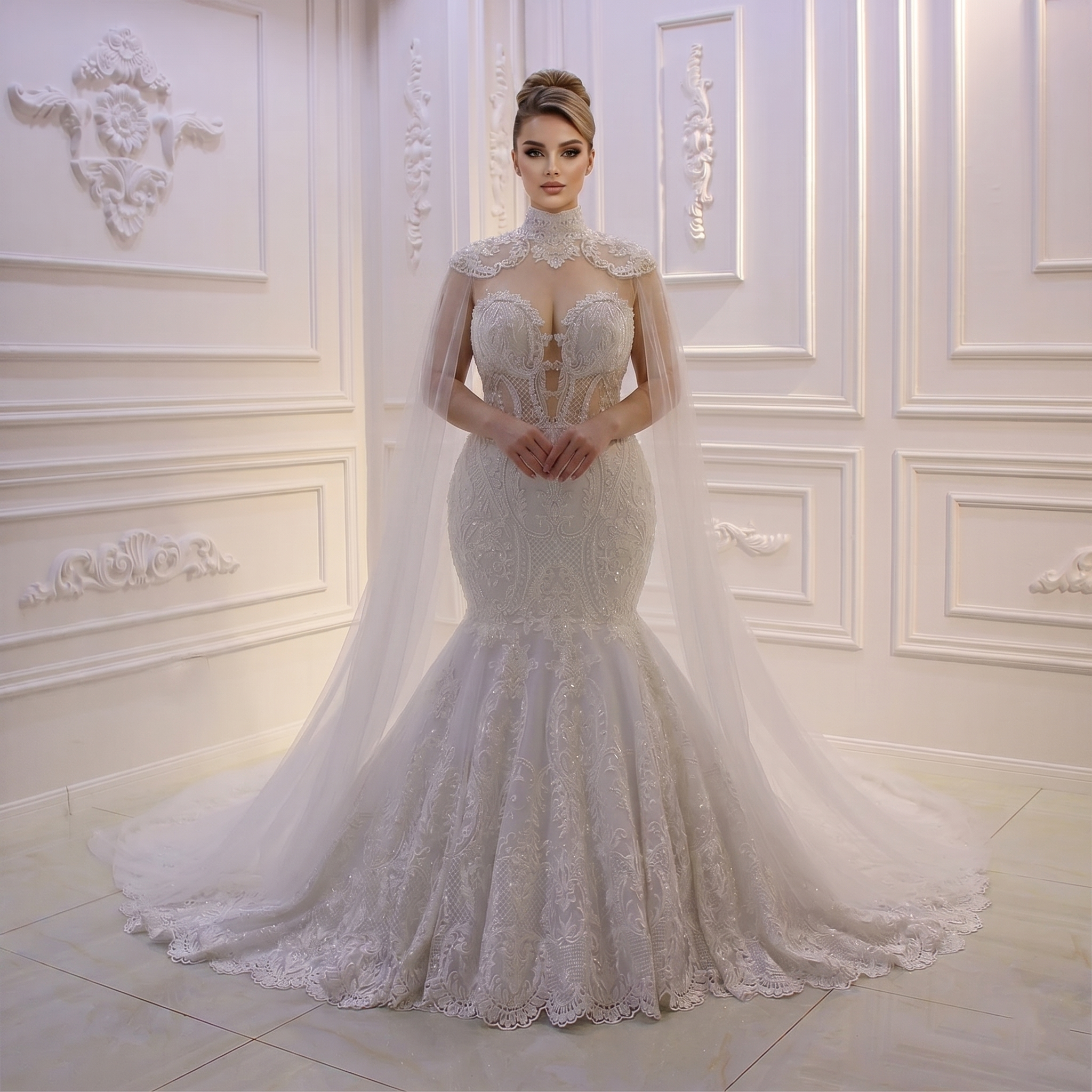 Plus-size model showcasing an elegant white mermaid bridal gown featuring a sheer illusion sweetheart bodice and a flowing sheer lace cape.
