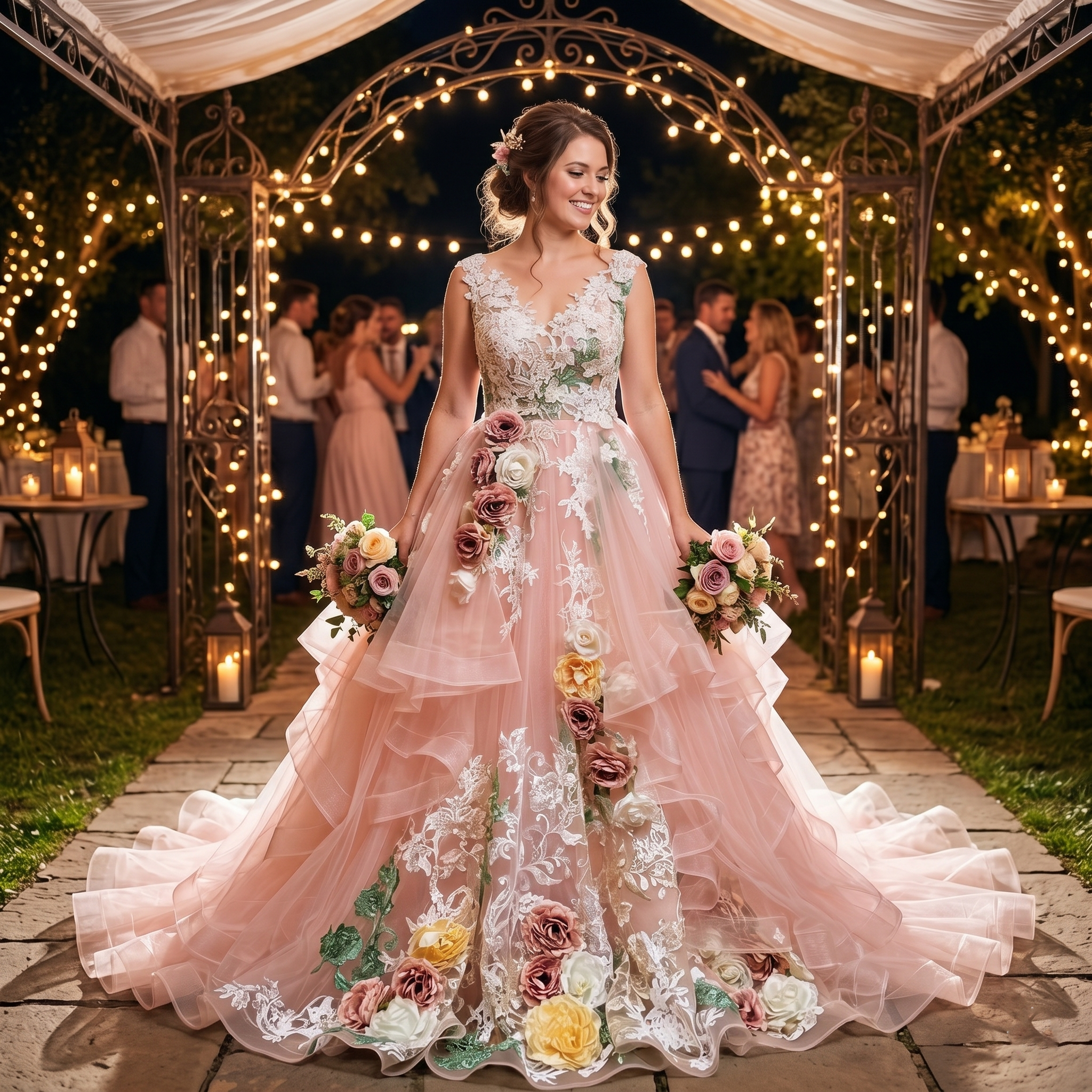 Smiling bride wearing a vintage-inspired blush pink ball gown wedding dress featuring white lace applique, green vine embroidery, and colorful 3D roses, standing under an illuminated archway at an outdoor night reception.
