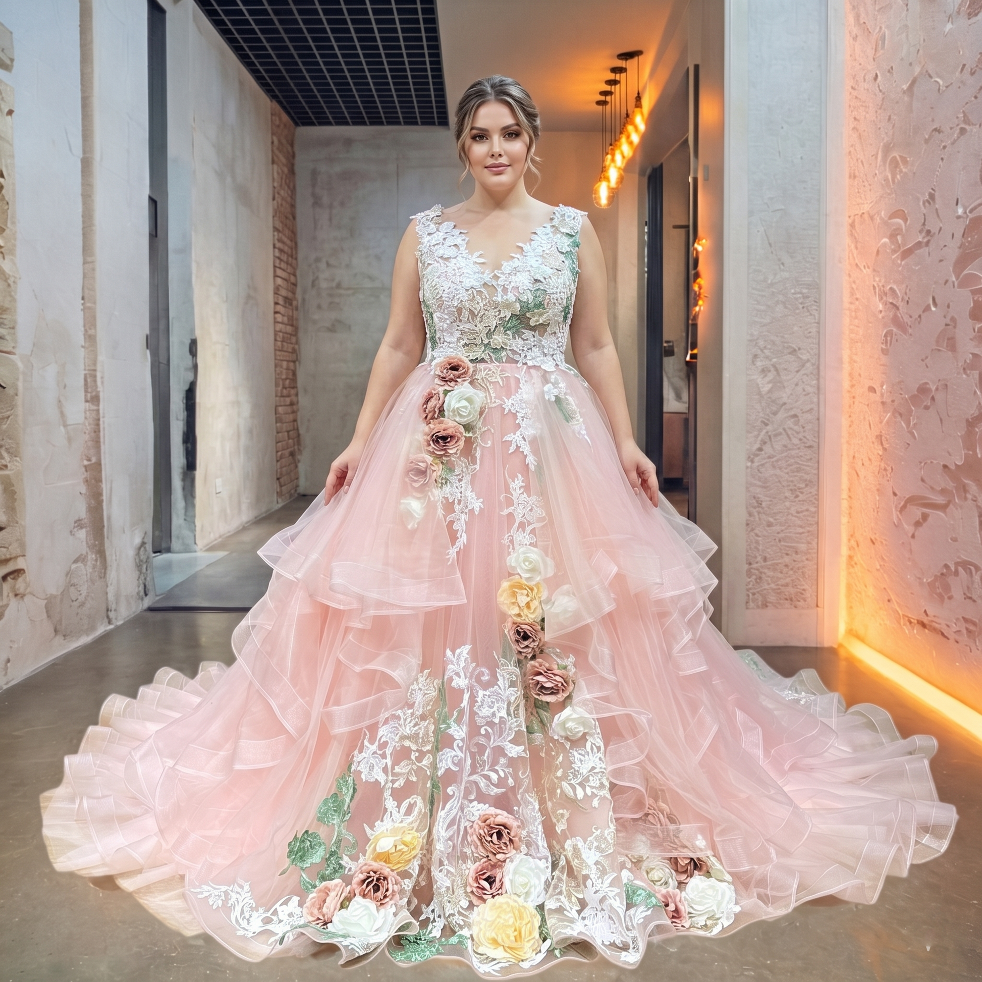 Full-length view of a plus-size bride modeling a pink multi-tiered tulle wedding gown decorated with realistic fabric rose clusters and a dramatic ruffled court train.