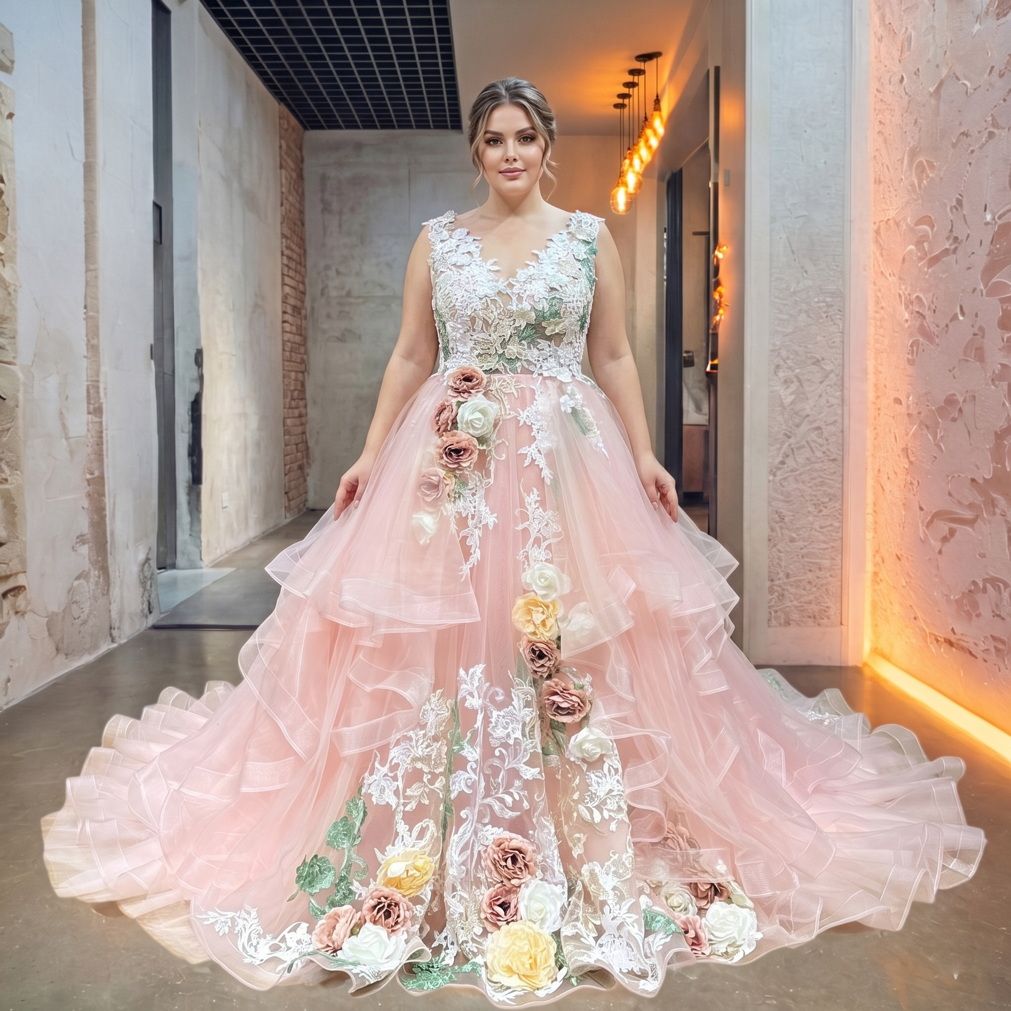 Full-length view of a plus-size bride modeling a pink multi-tiered tulle wedding gown decorated with realistic fabric rose clusters and a dramatic ruffled court train.