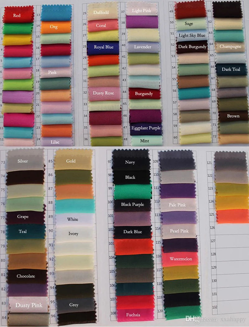 Numbered and named textile color chart showing fabric swatches for custom order options for the two-strap 3D floral mini wedding dress.