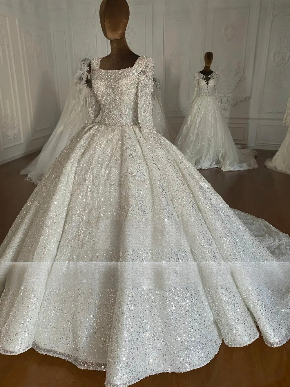 Muslim Square Neck Sequin Shiny Wedding Dress Long Sleeve Ball Gown