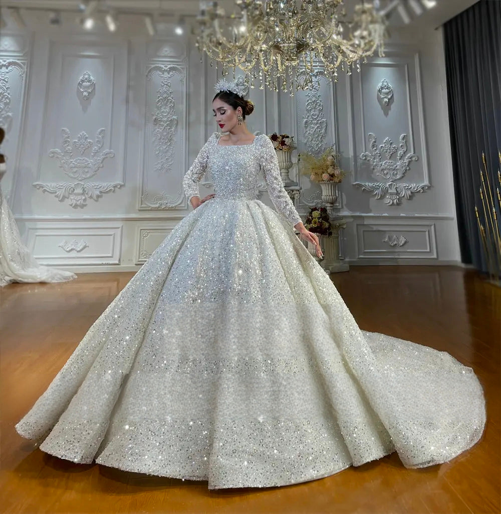 Muslim Square Neck Sequin Shiny Wedding Dress Long Sleeve Ball Gown