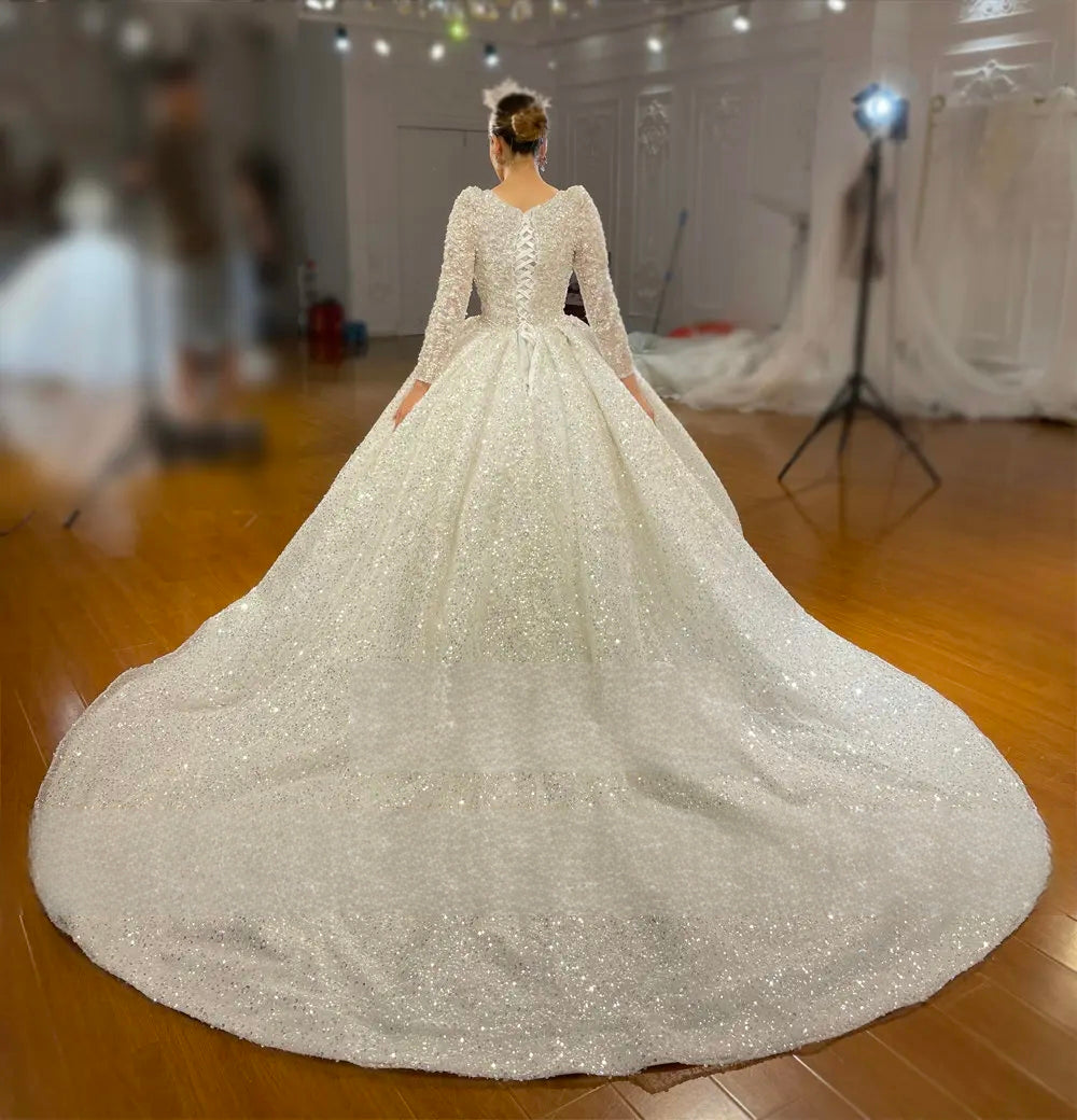 Muslim Square Neck Sequin Shiny Wedding Dress Long Sleeve Ball Gown