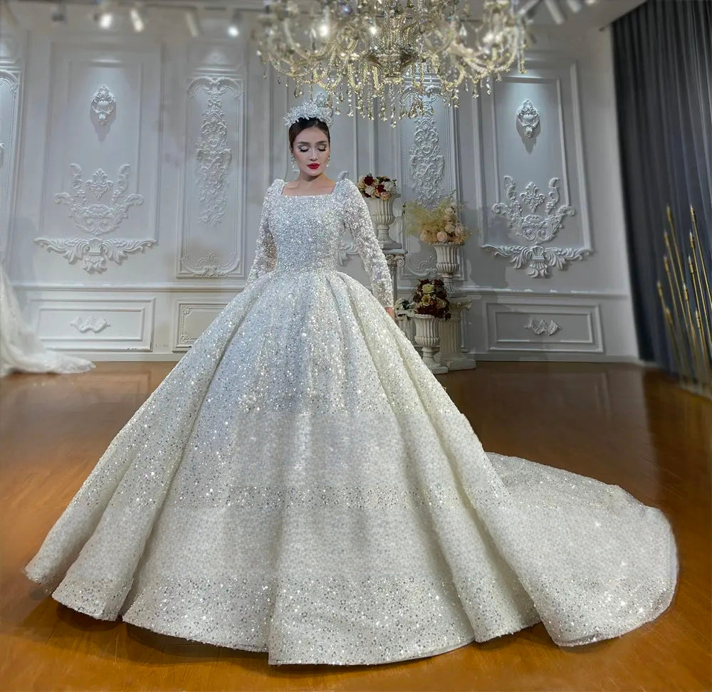 Muslim Square Neck Sequin Shiny Wedding Dress Long Sleeve Ball Gown