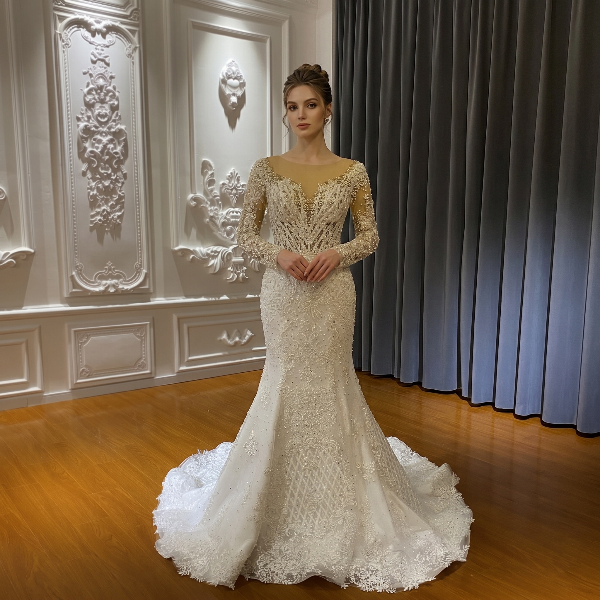 Model posing in an elegant African mermaid wedding dress with long sleeves and intricate beaded lace detailing.