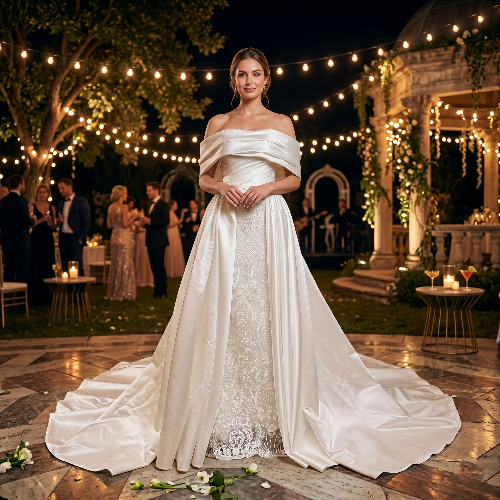 Smiling bride wearing a luxurious off-the-shoulder white satin wedding dress with an intricate beaded lace underskirt and a dramatic split overskirt at an elegant outdoor evening reception.