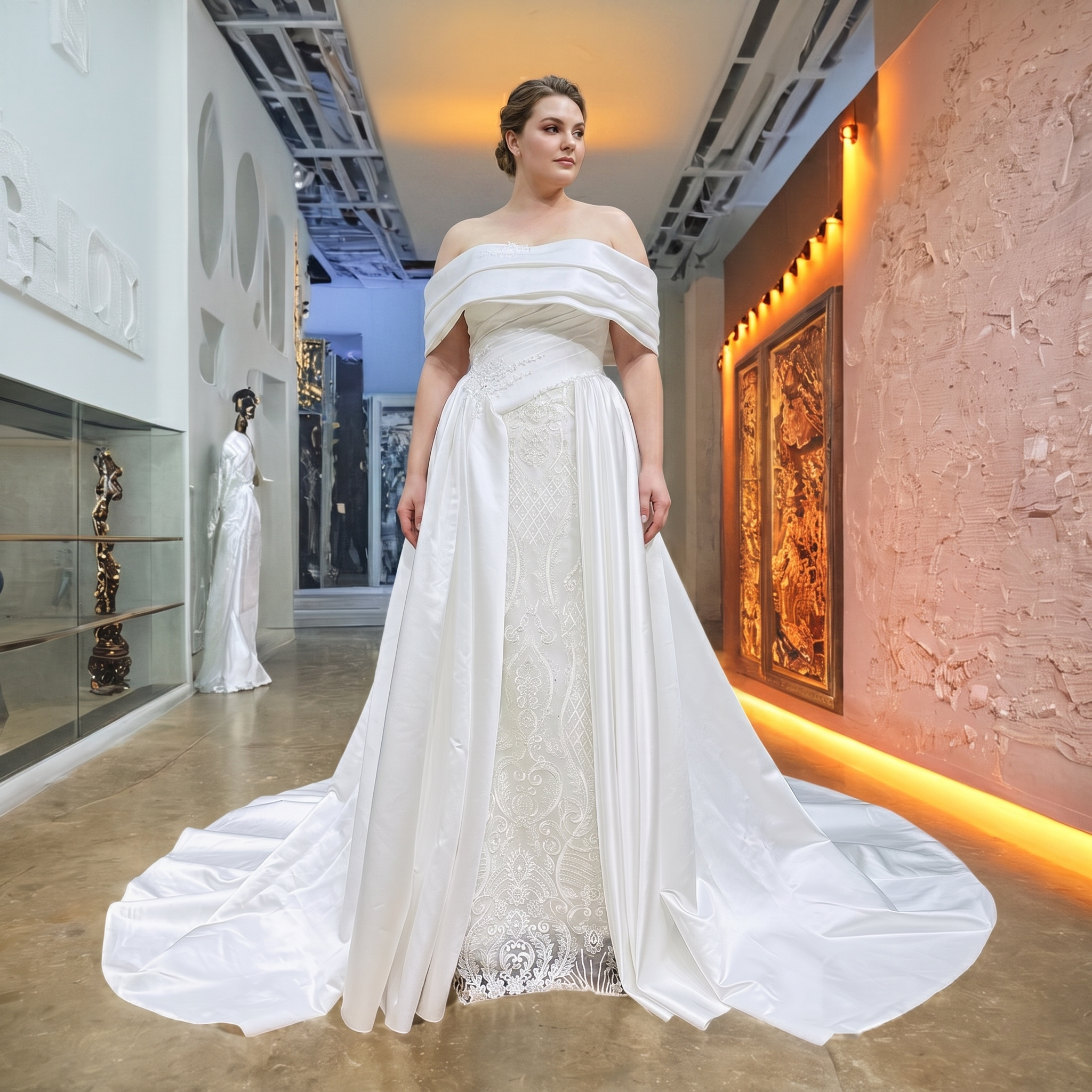 Plus-size bridal model modeling a white satin boat-neck wedding gown featuring a structured draped wrap bodice and a heavily pearl-embroidered column skirt.