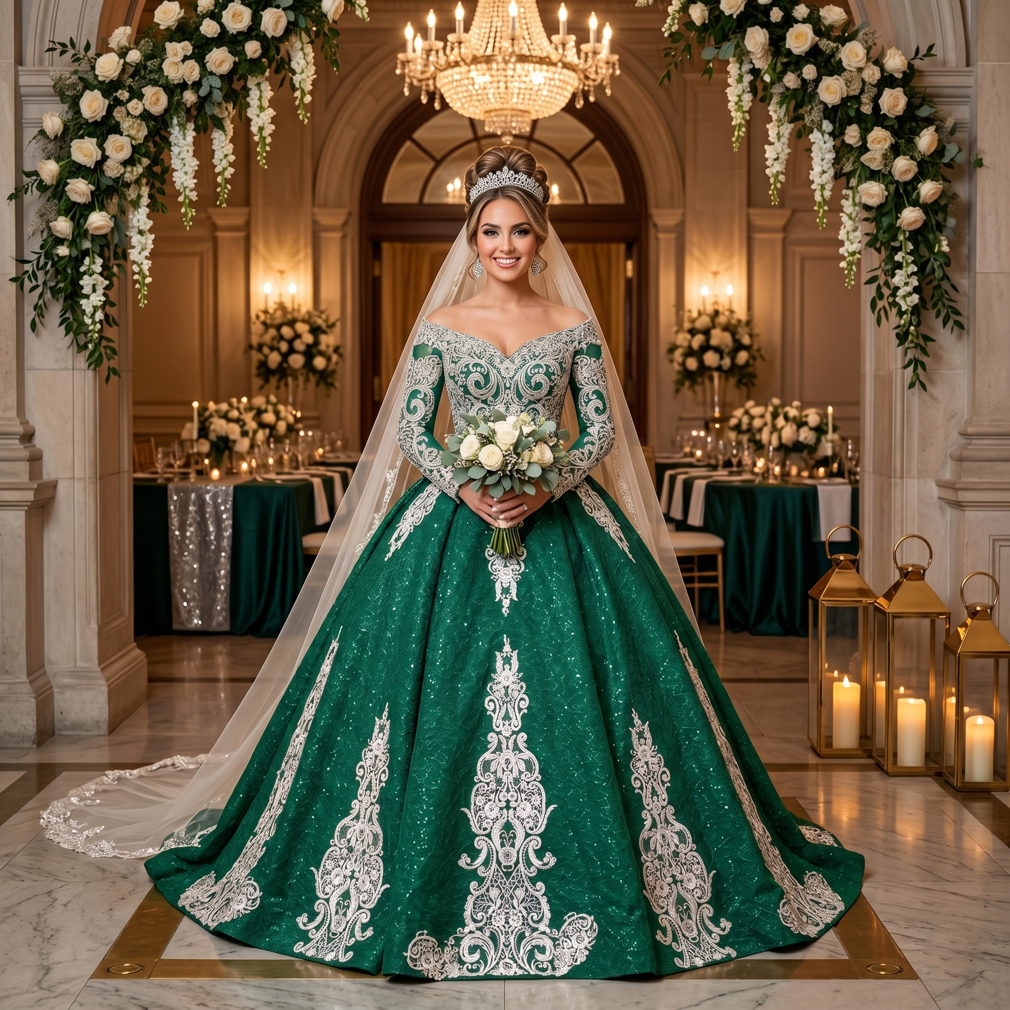 Smiling bride wearing a regal emerald green ball gown with intricate silver lace embroidery, matching long sleeves, a royal tiara, and a long bridal veil in a luxury ballroom.
