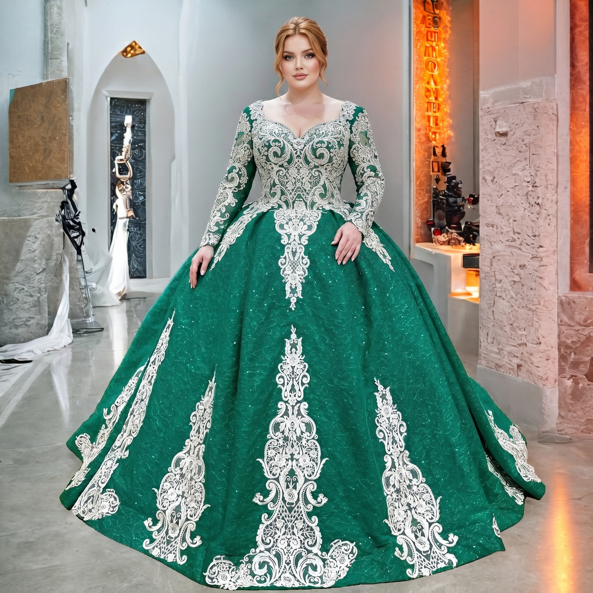 Full-length view of a curve model showcasing the voluminous emerald green special event dress featuring a structured bodice and royal silver embroidery appliques.