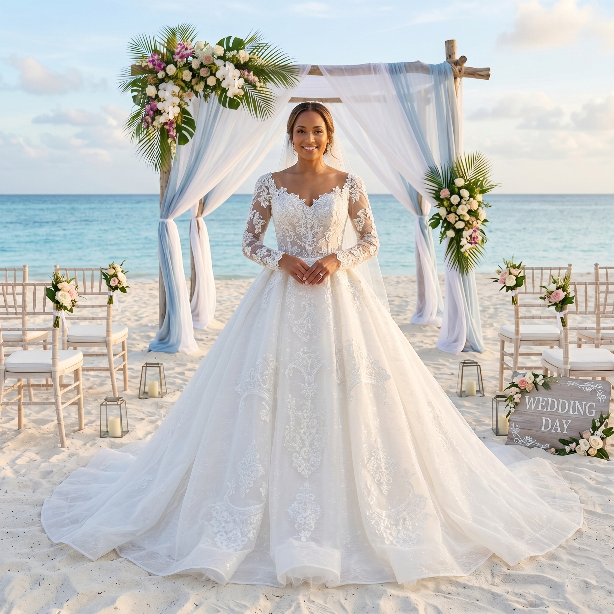 A smiling bride wearing an O-neck long sleeve lace ball gown wedding dress under a floral canopy at a tropical beach destination wedding ceremony.