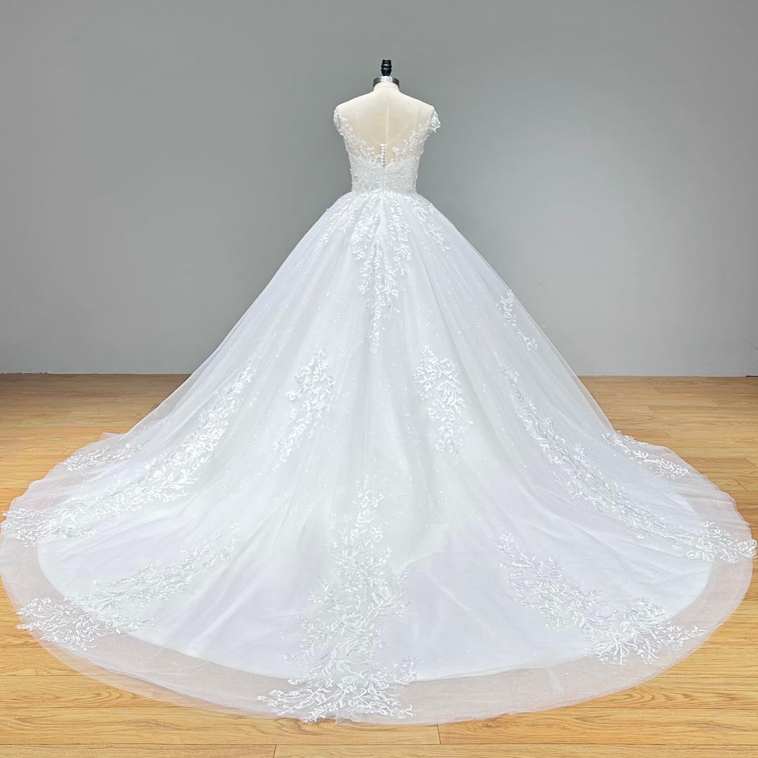 Full sweeping back view of a sequined backless ball gown wedding dress on a mannequin, displaying the sheer illusion back, classic button detailing, and a dramatic lace-trimmed train.