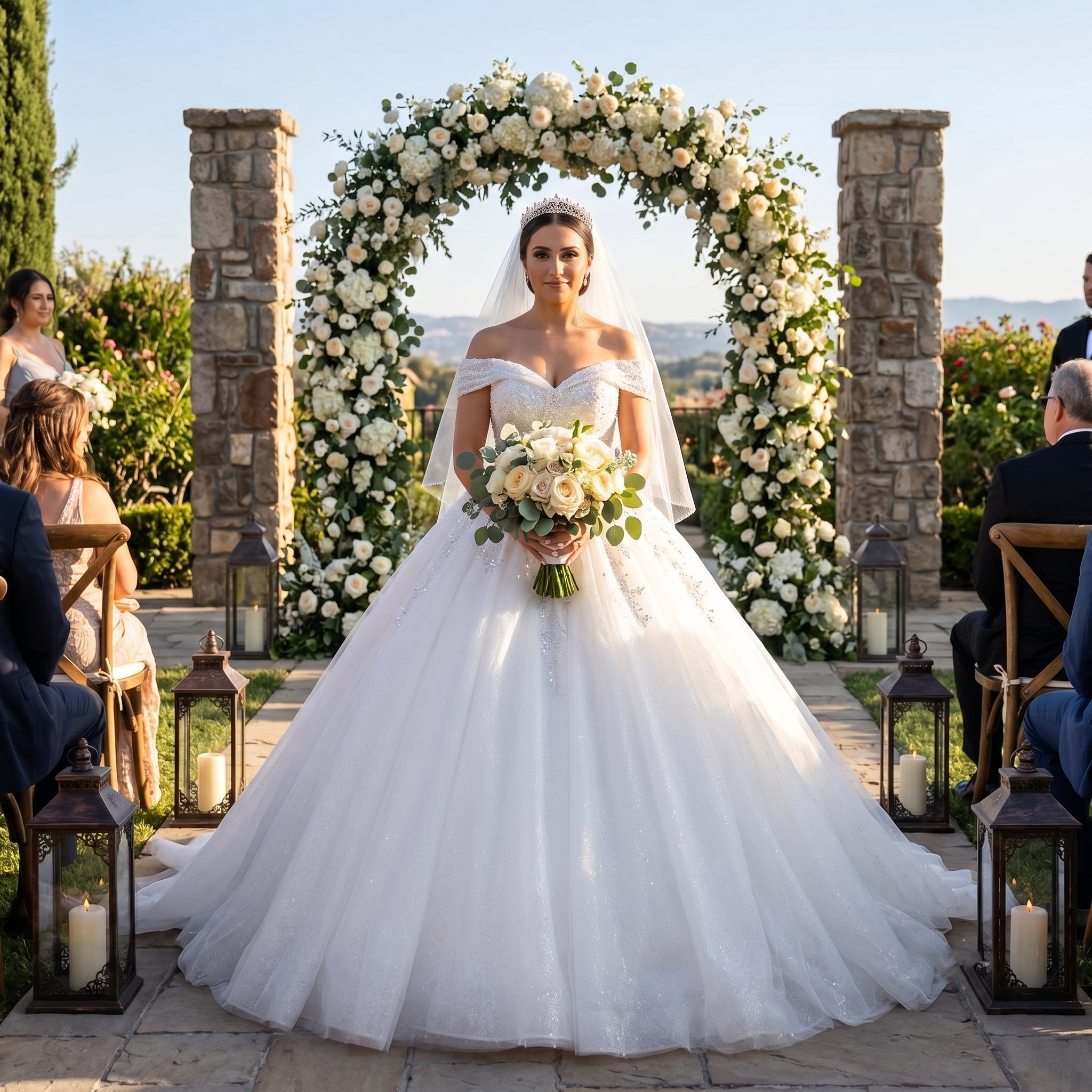Bride posing outdoors in a luxury glitter short-sleeve ball gown wedding dress with a sweetheart neckline and elegant tassel back detail.