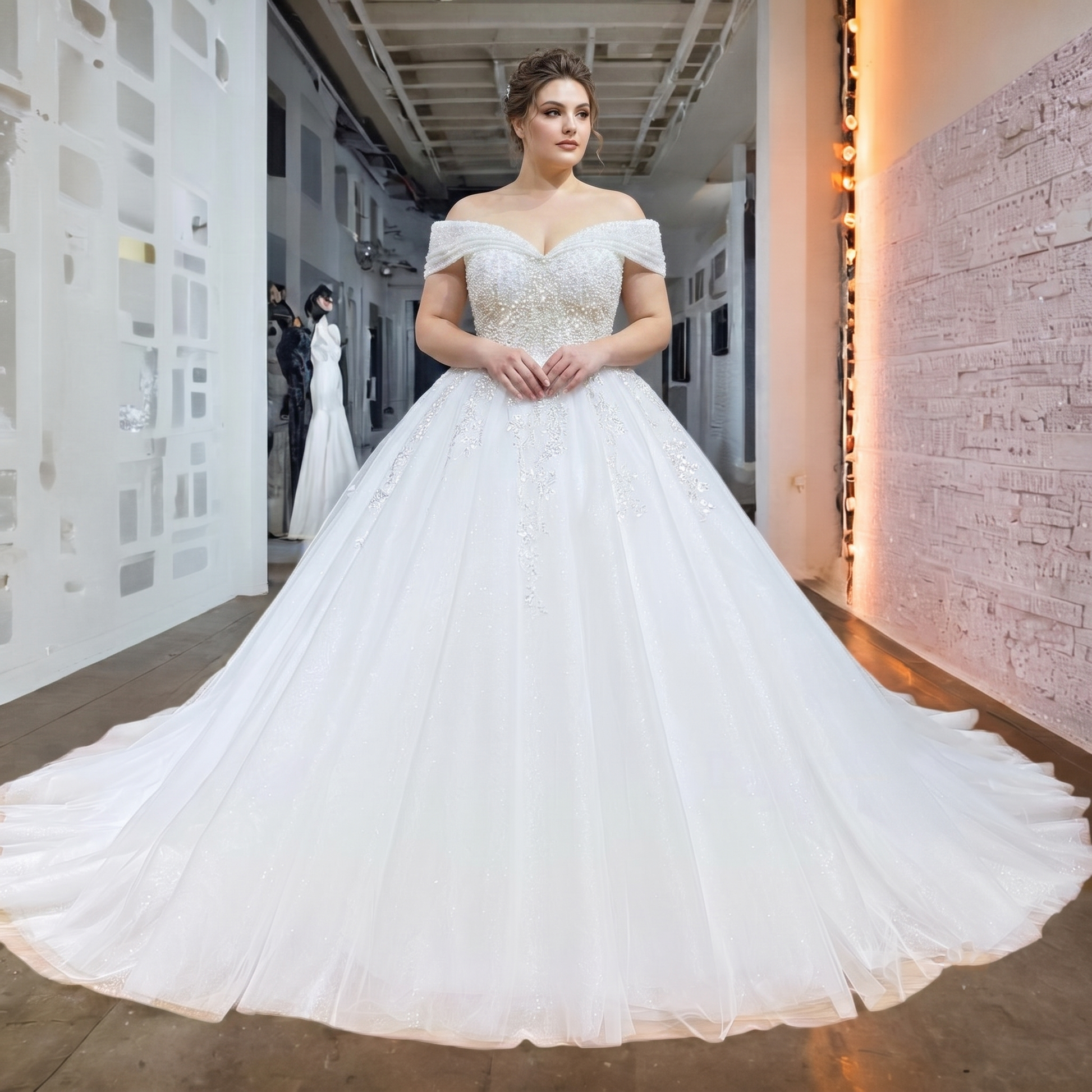 Model posing in an elegant glitter sweetheart neck ball gown wedding dress with short sleeves and a voluminous skirt.