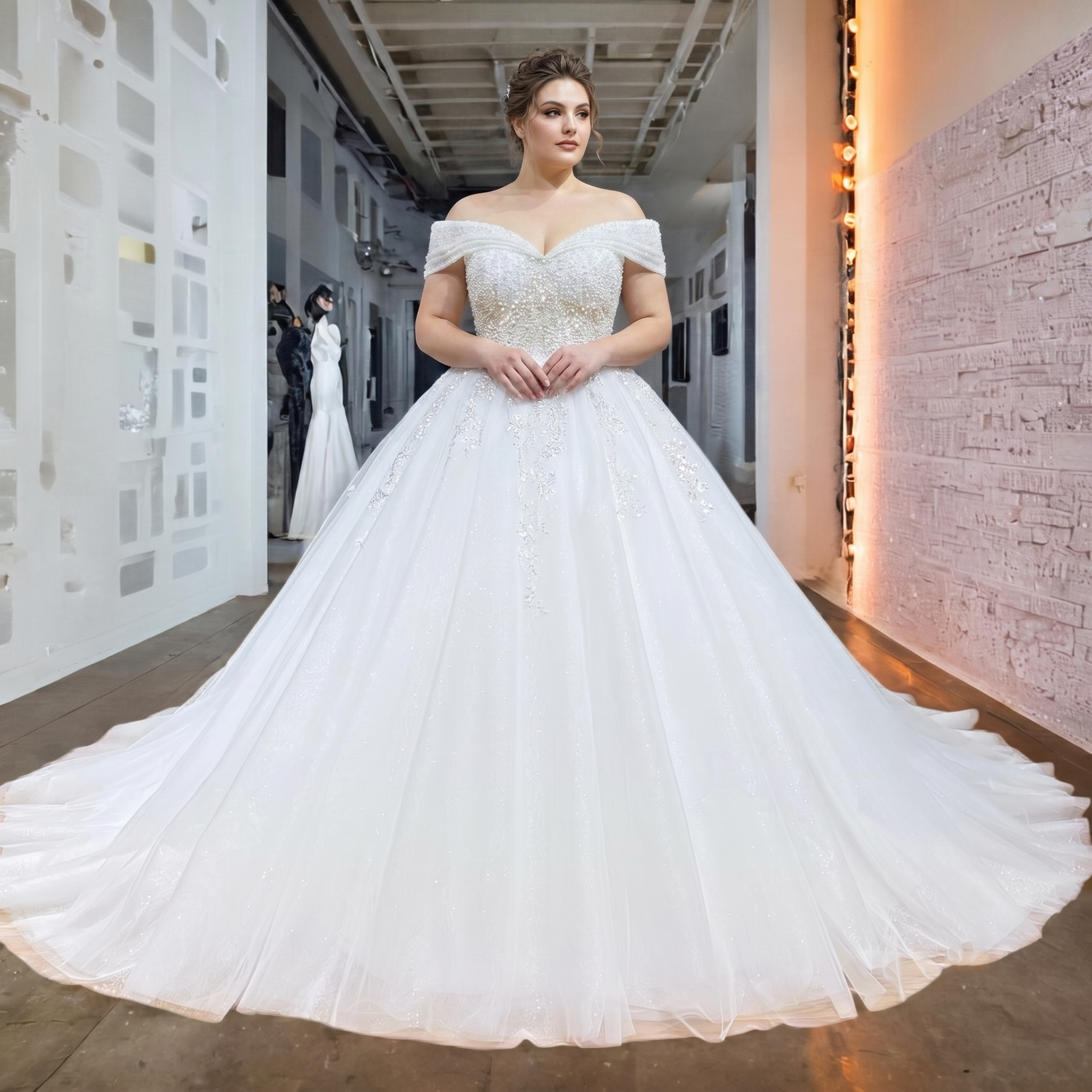 Model posing in an elegant glitter sweetheart neck ball gown wedding dress with short sleeves and a voluminous skirt.