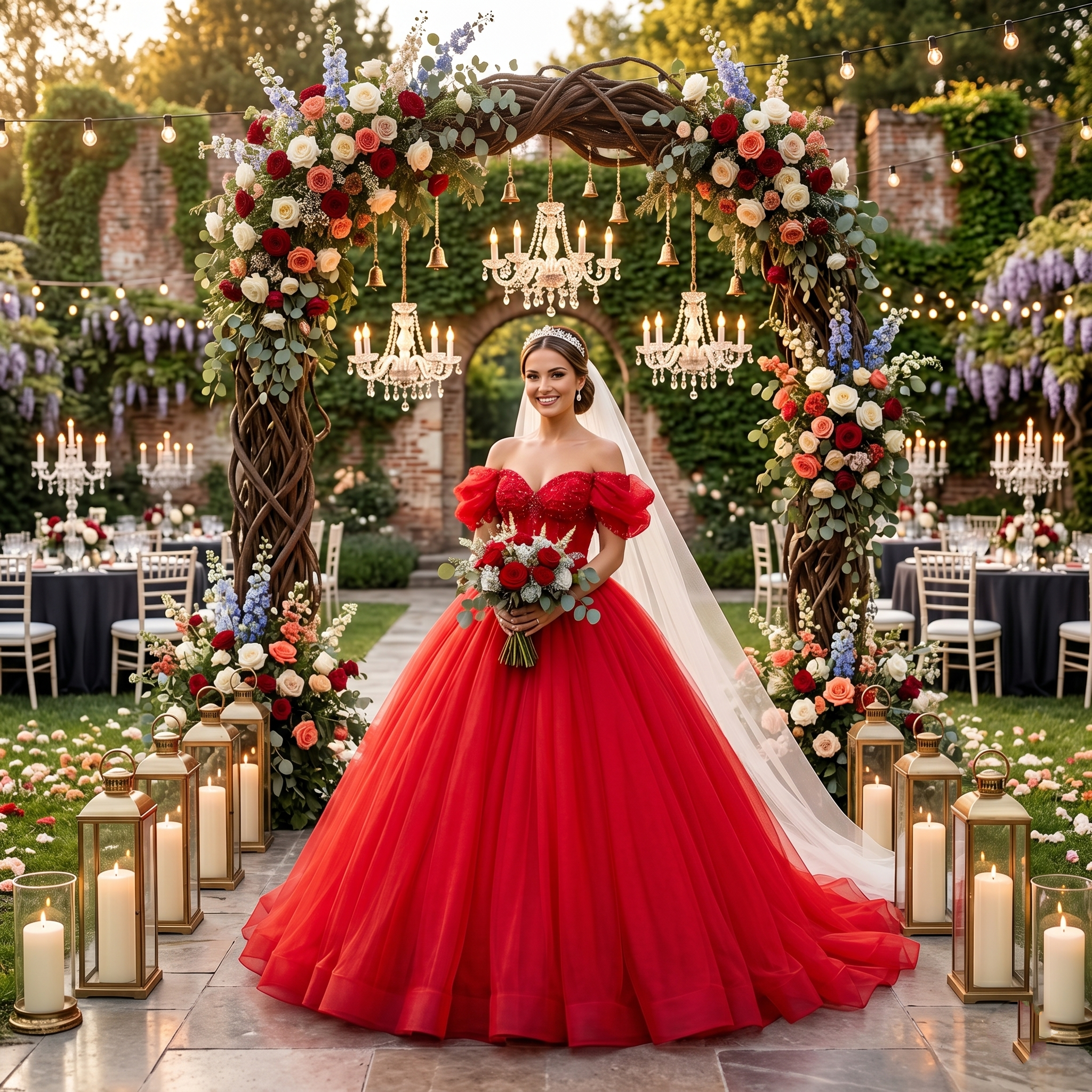 Smiling bride wearing a dramatic red off-the-shoulder wedding ball gown under a rustic floral arch with hanging chandeliers at an elegant outdoor garden venue.