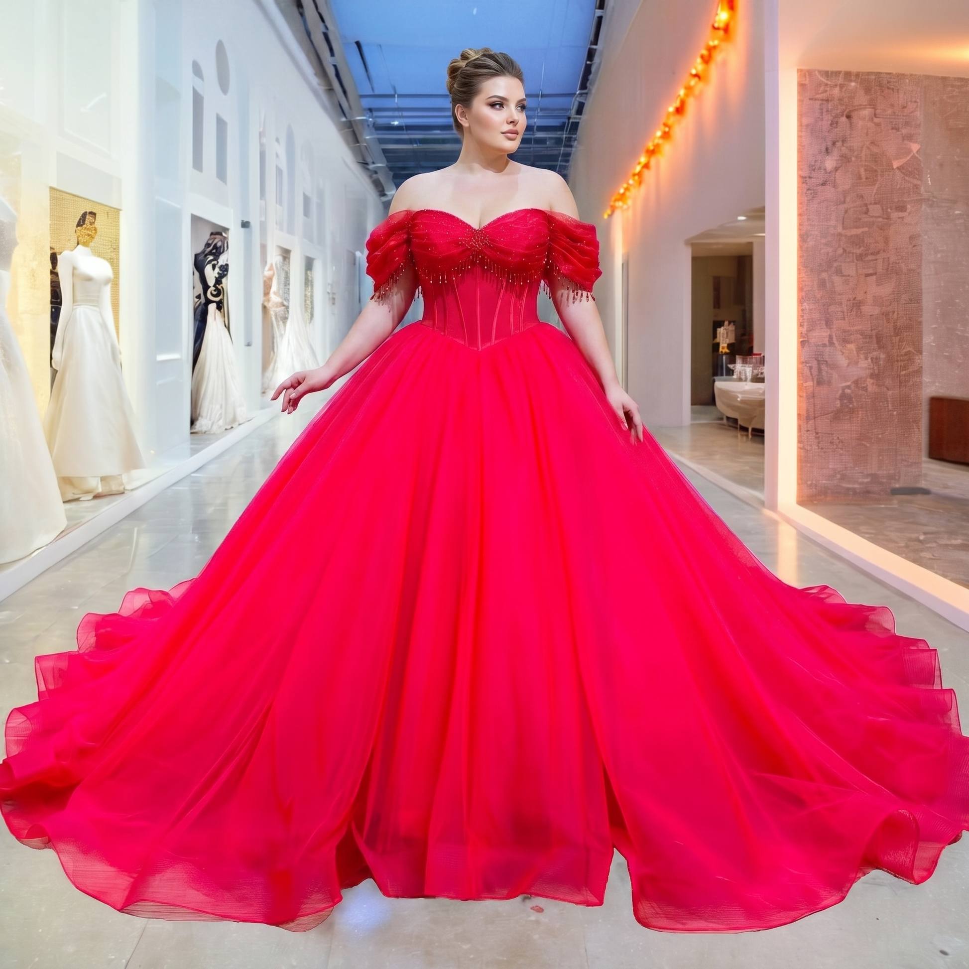 Full-length view of a curve model showcasing the vibrant red sweetheart neck wedding dress with a structured corset bodice and beaded fringe sleeves in a boutique.