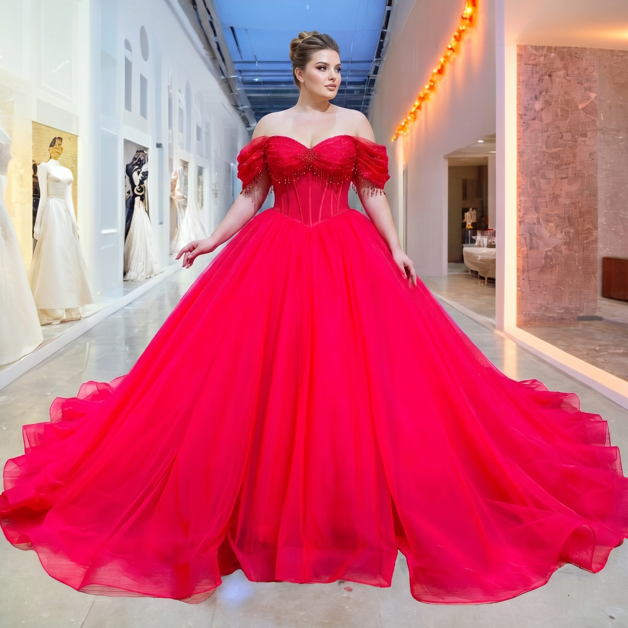 Full-length view of a curve model showcasing the vibrant red sweetheart neck wedding dress with a structured corset bodice and beaded fringe sleeves in a boutique.