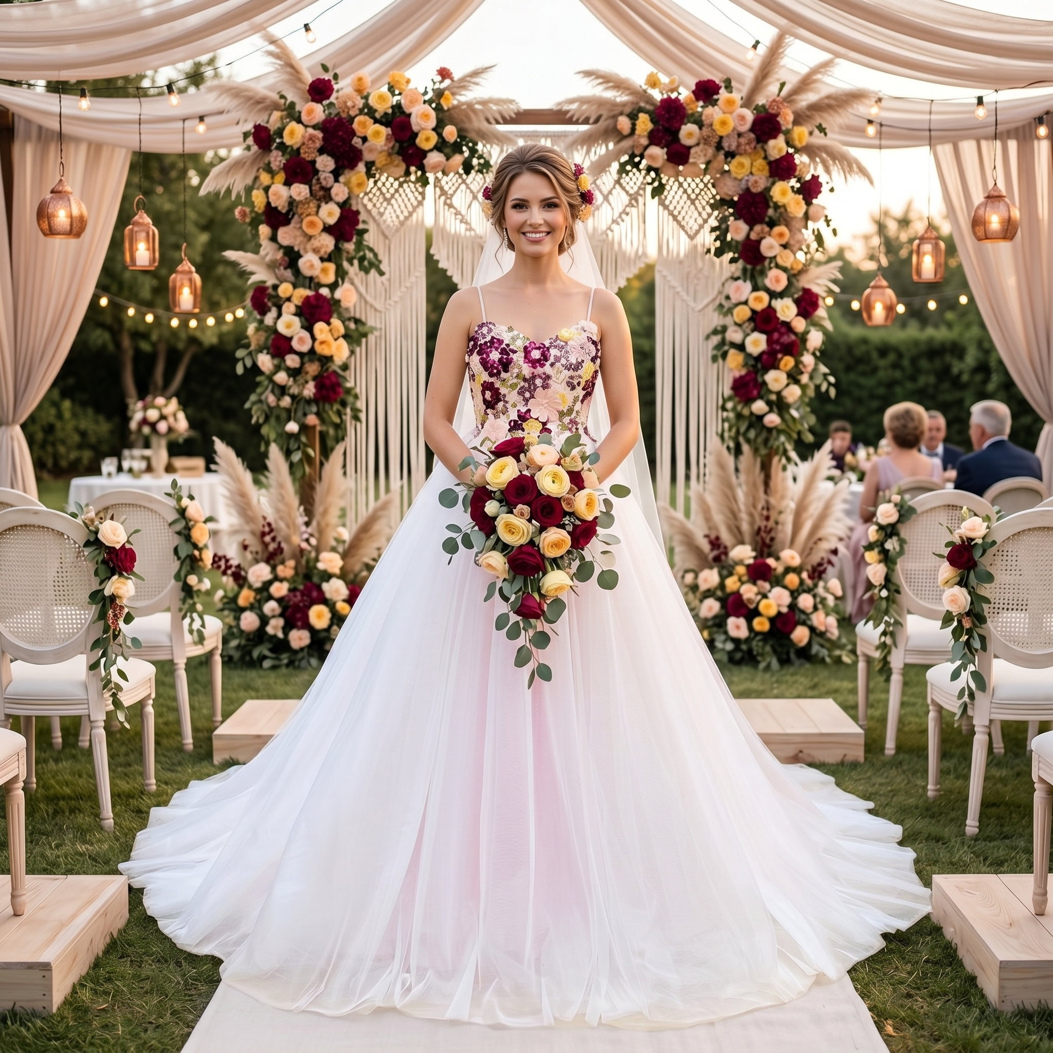 Bride posing in a luxury A-line wedding dress with a colorful floral embroidered bodice under a floral arch at an outdoor wedding ceremony.