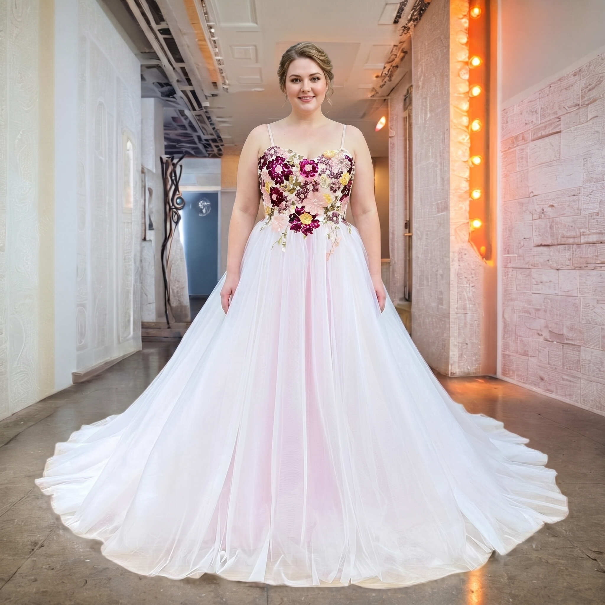 Model wearing an elegant off-the-shoulder A-line bridal gown featuring a vibrant colorful floral bodice and tulle skirt in a boutique setting.