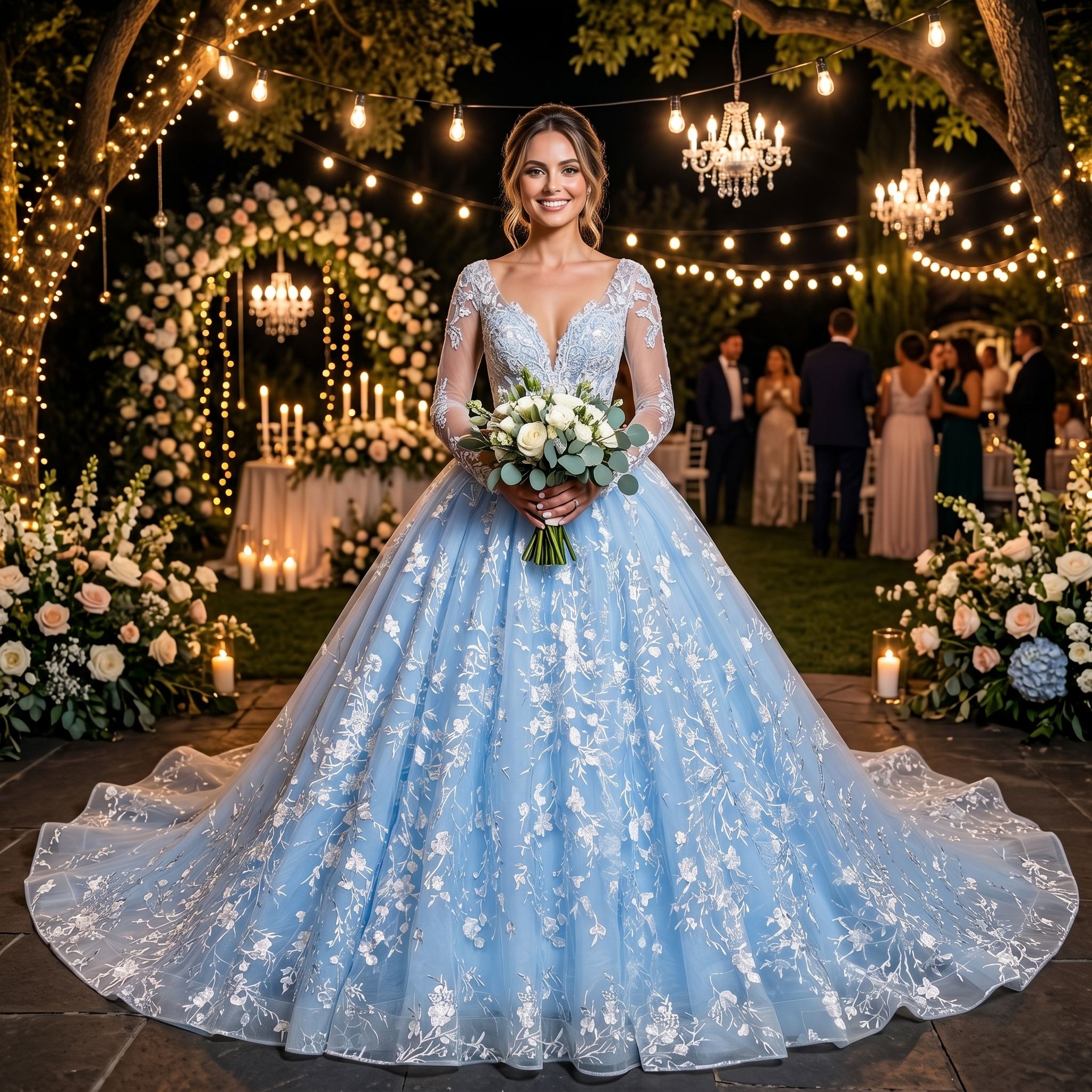 Smiling bride wearing a light blue princess ball gown wedding dress with long sheer lace sleeves and white floral embroidery at an illuminated outdoor evening reception.