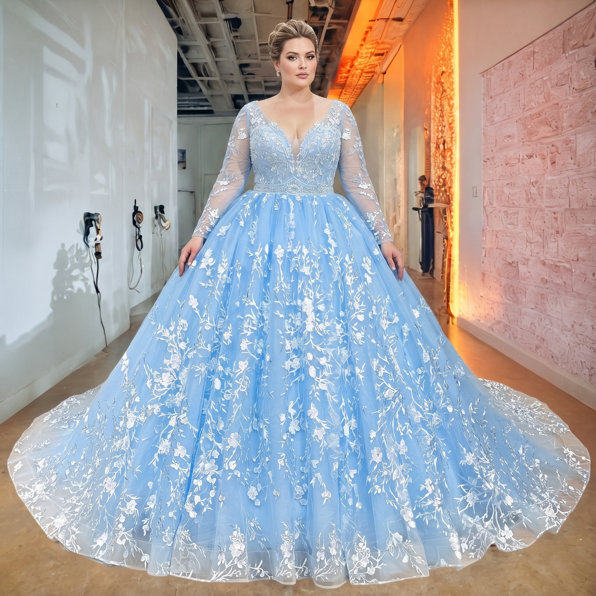 Plus-size bride showcasing a voluminous sky blue ball gown bridal dress featuring a plunging V-neckline, long sleeves, and a crystal-embellished belt.