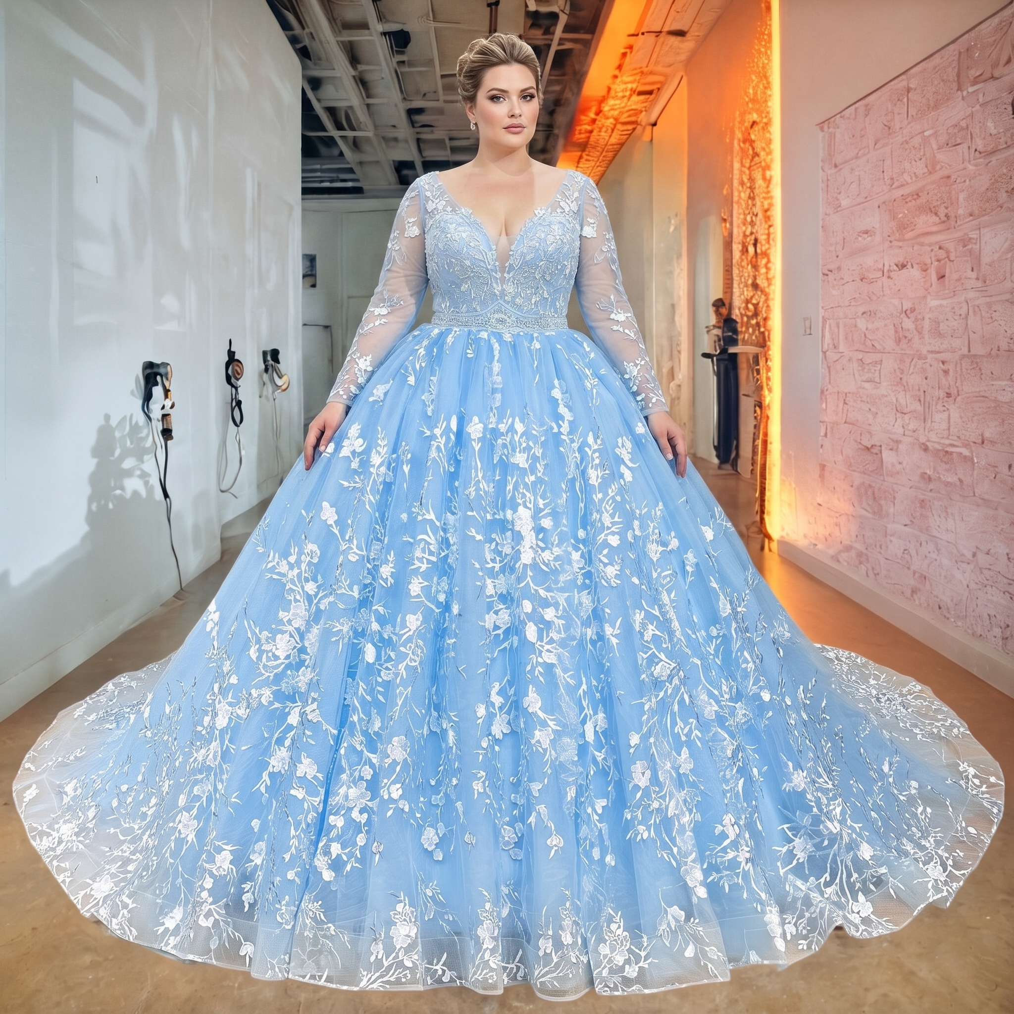 Plus-size bride showcasing a voluminous sky blue ball gown bridal dress featuring a plunging V-neckline, long sleeves, and a crystal-embellished belt.